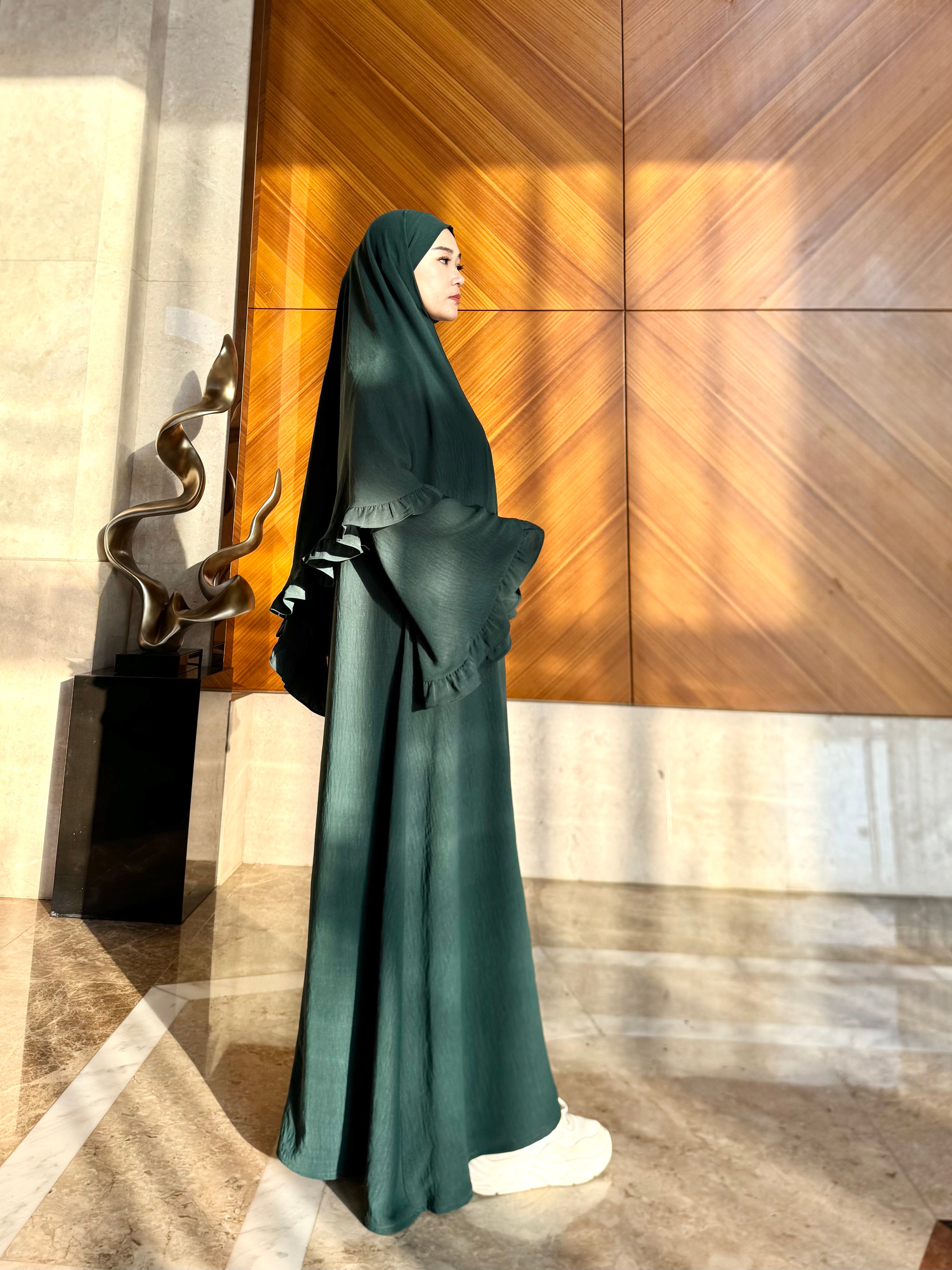 LY23 TWO-PIECE khimar abaya set , crepe abaya and scarf , flare sleeve abaya and hijab ,Long women dress