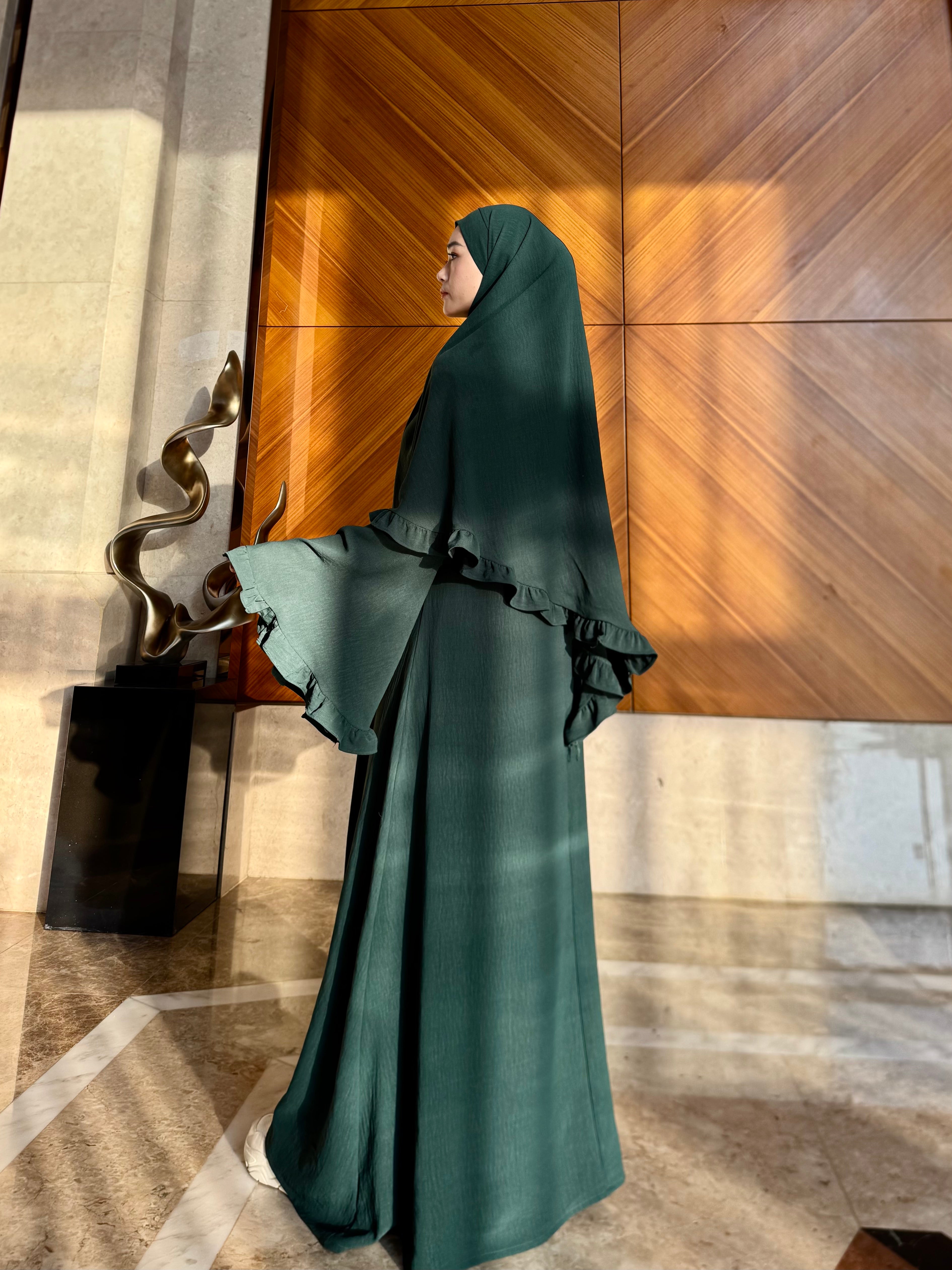 LY23 TWO-PIECE khimar abaya set , crepe abaya and scarf , flare sleeve abaya and hijab ,Long women dress