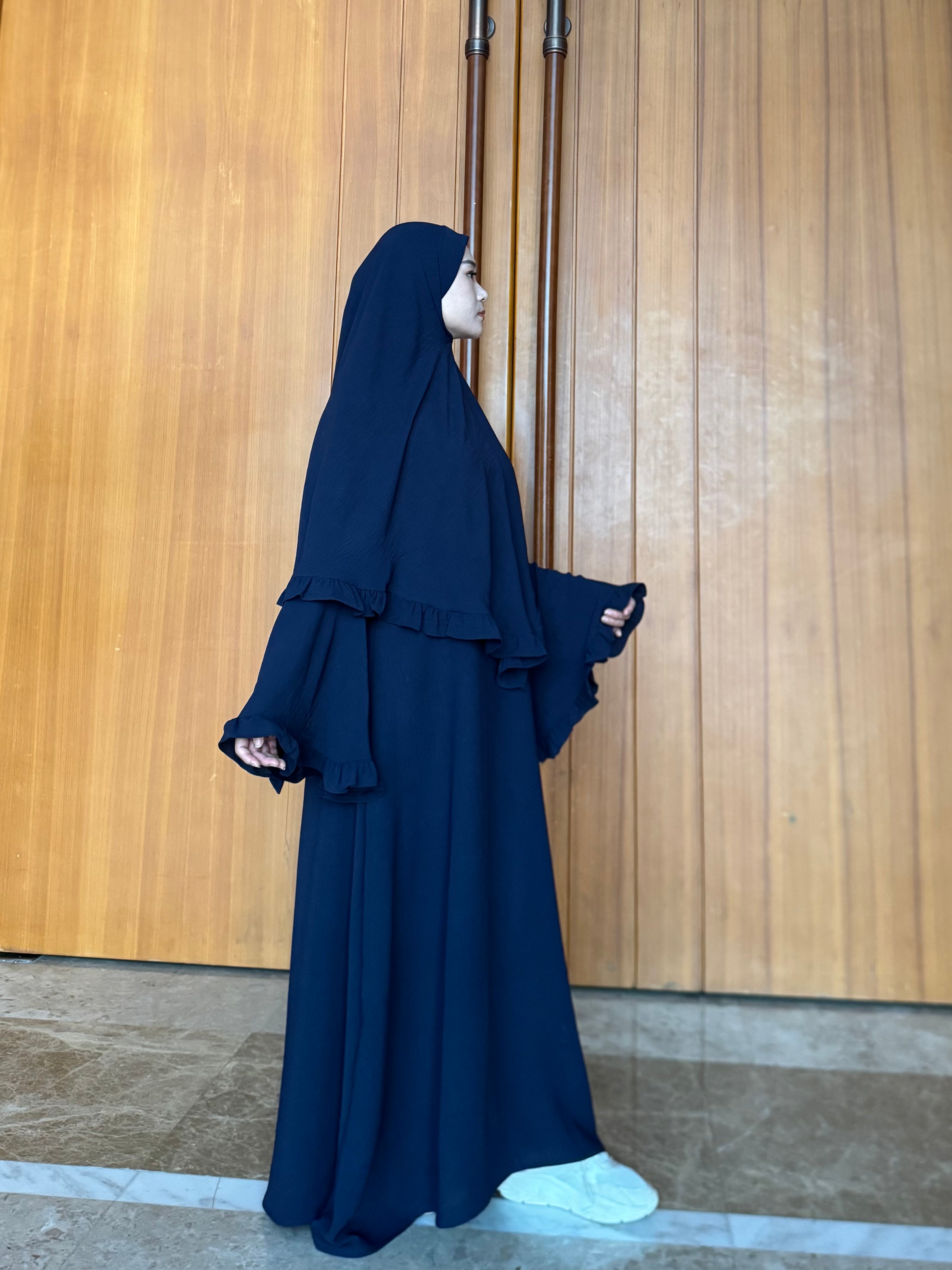 LY23 TWO-PIECE khimar abaya set , crepe abaya and scarf , flare sleeve abaya and hijab ,Long women dress