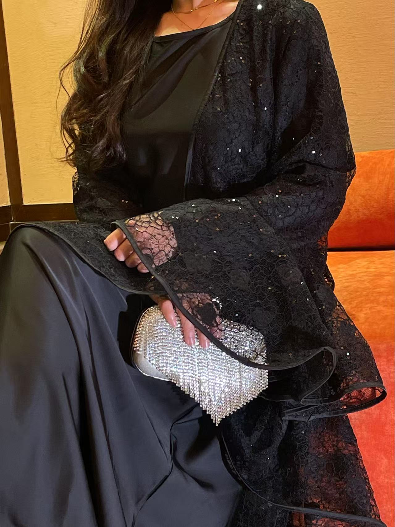 #LY12 Shimmer Lace abaya ,Rose pattern lace net two-piece abaya set women's islamic clothing