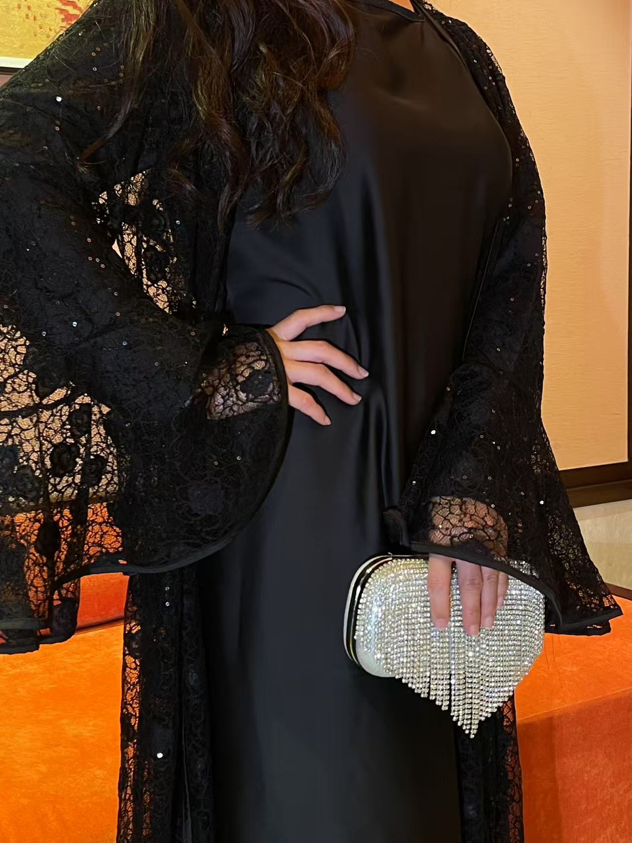 #LY12 Shimmer Lace abaya ,Rose pattern lace net two-piece abaya set women's islamic clothing