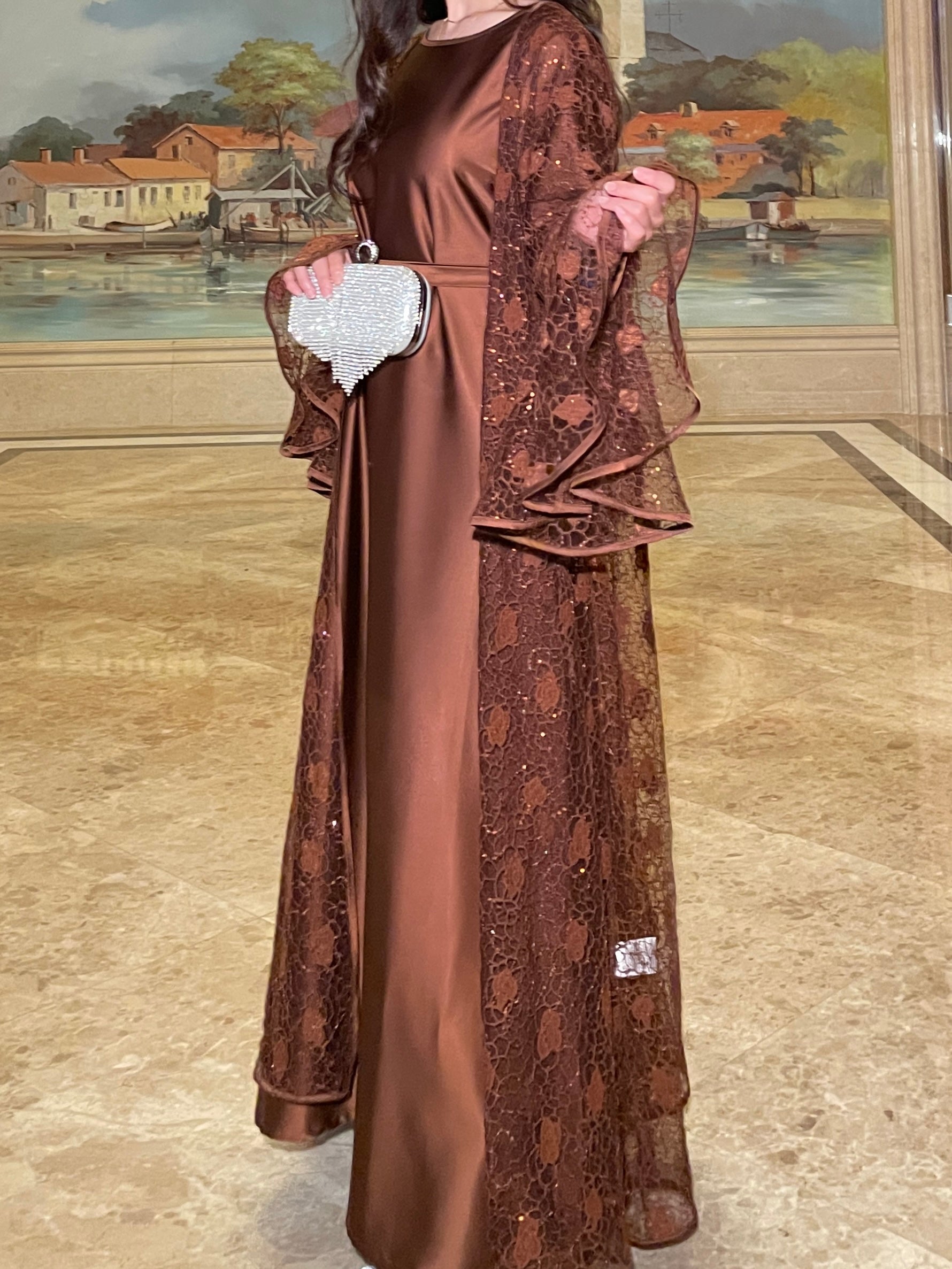 #LY12 Shimmer Lace abaya ,Rose pattern lace net two-piece abaya set women's islamic clothing