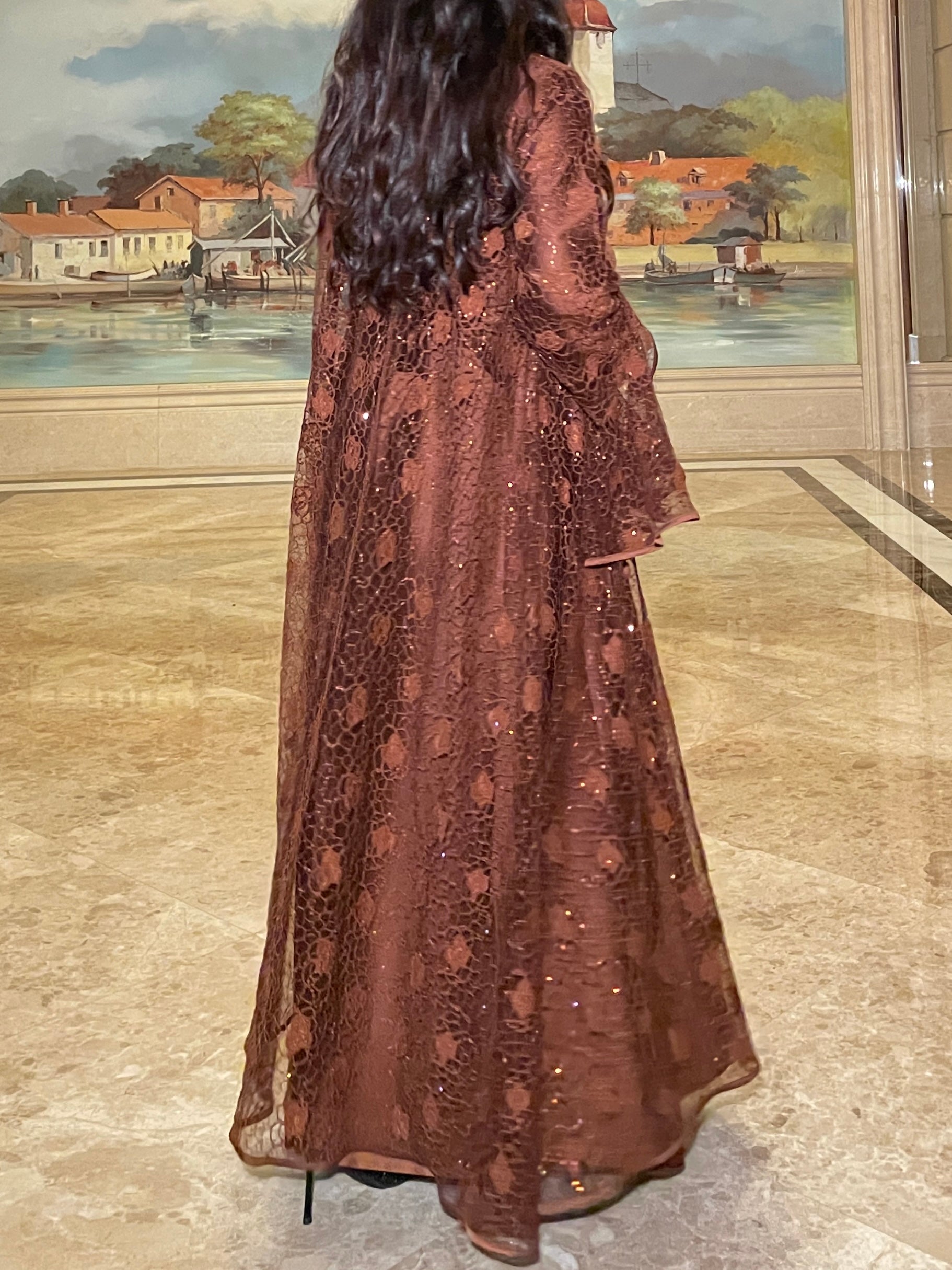 #LY12 Shimmer Lace abaya ,Rose pattern lace net two-piece abaya set women's islamic clothing