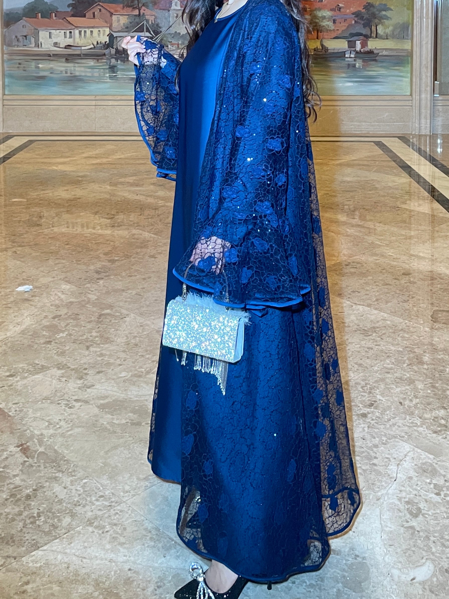 #LY12 Shimmer Lace abaya ,Rose pattern lace net two-piece abaya set women's islamic clothing