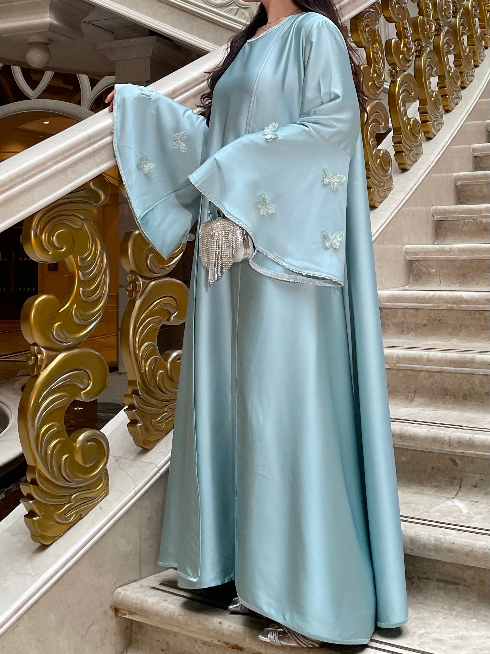 #LY13 2025 Ramadan promotion women's islamic clothing, flare sleeves abaya elegant occasion abaya eid abaya three pieces abaya with a diamond belt