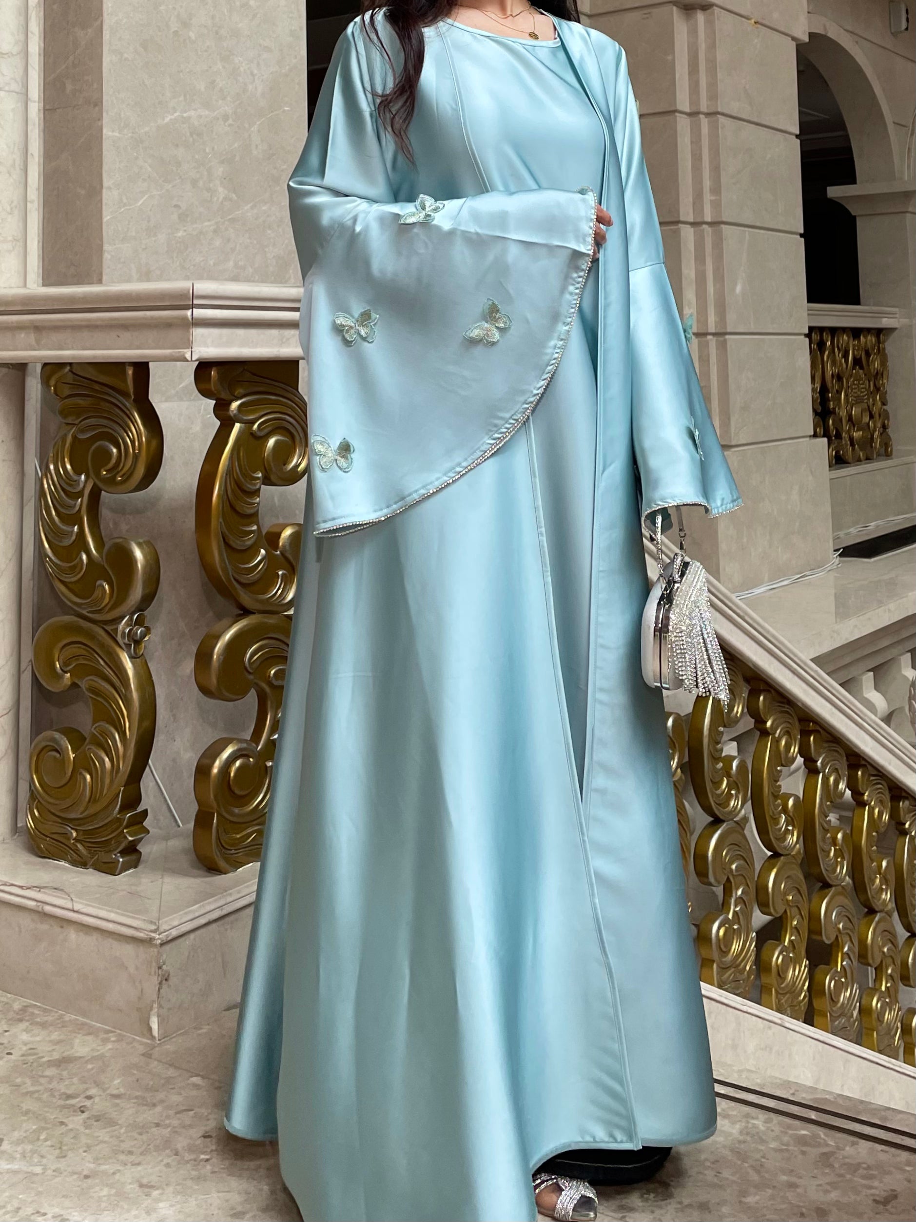 #LY13 2025 Ramadan promotion women's islamic clothing, flare sleeves abaya elegant occasion abaya eid abaya three pieces abaya with a diamond belt