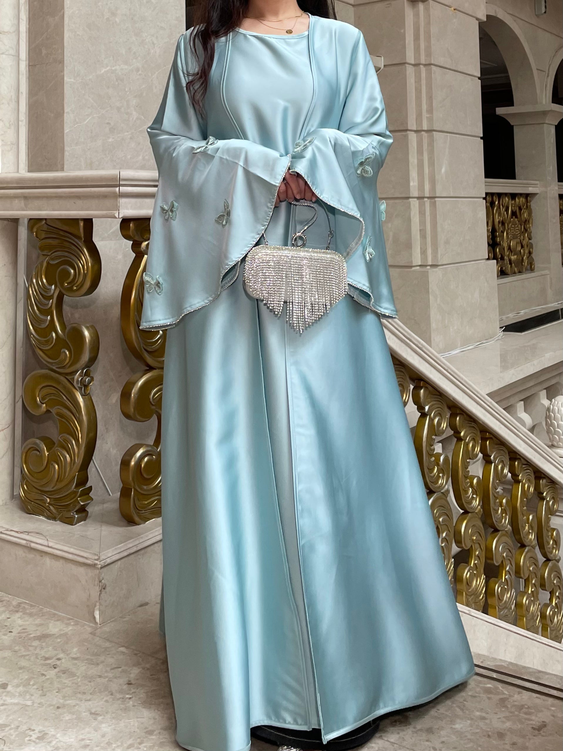 #LY13 2025 Ramadan promotion women's islamic clothing, flare sleeves abaya elegant occasion abaya eid abaya three pieces abaya with a diamond belt