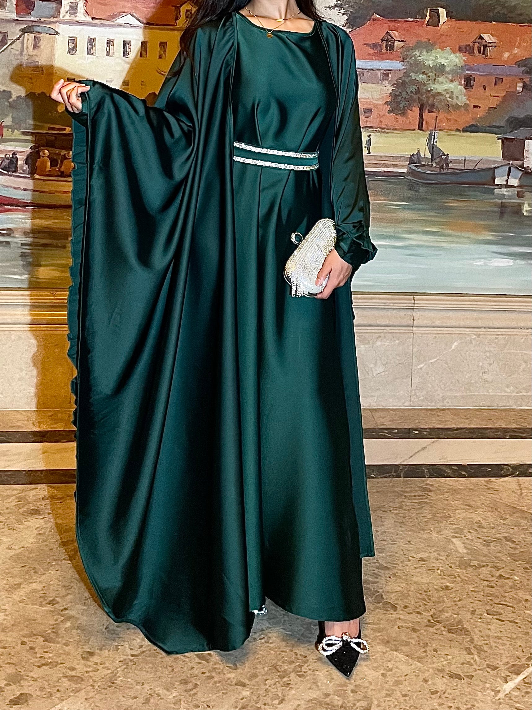 LY16 Two piece butterfly abaya , satin elegant abaya set, Eid abaya ,occasion dress , womwen's islamic long dress