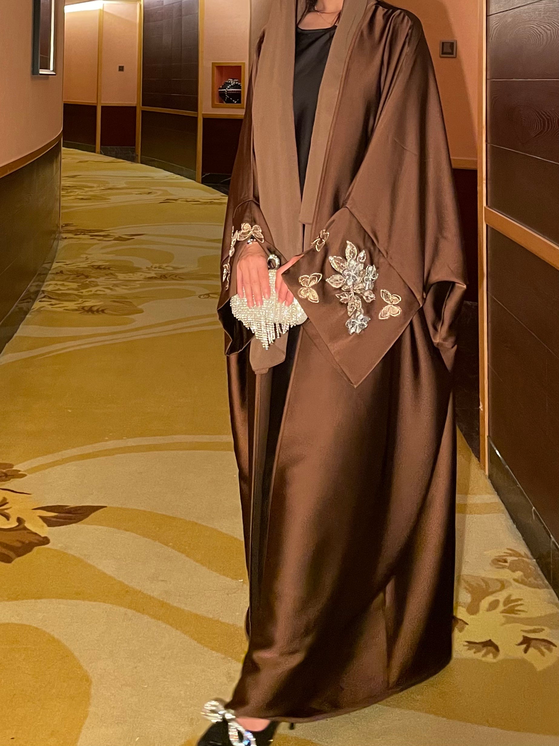 #LY14 2025 Ramadan promotion , women 's islamic clothing, elegant occsion abaya , beads embellish abaya , open abaya with hijab
