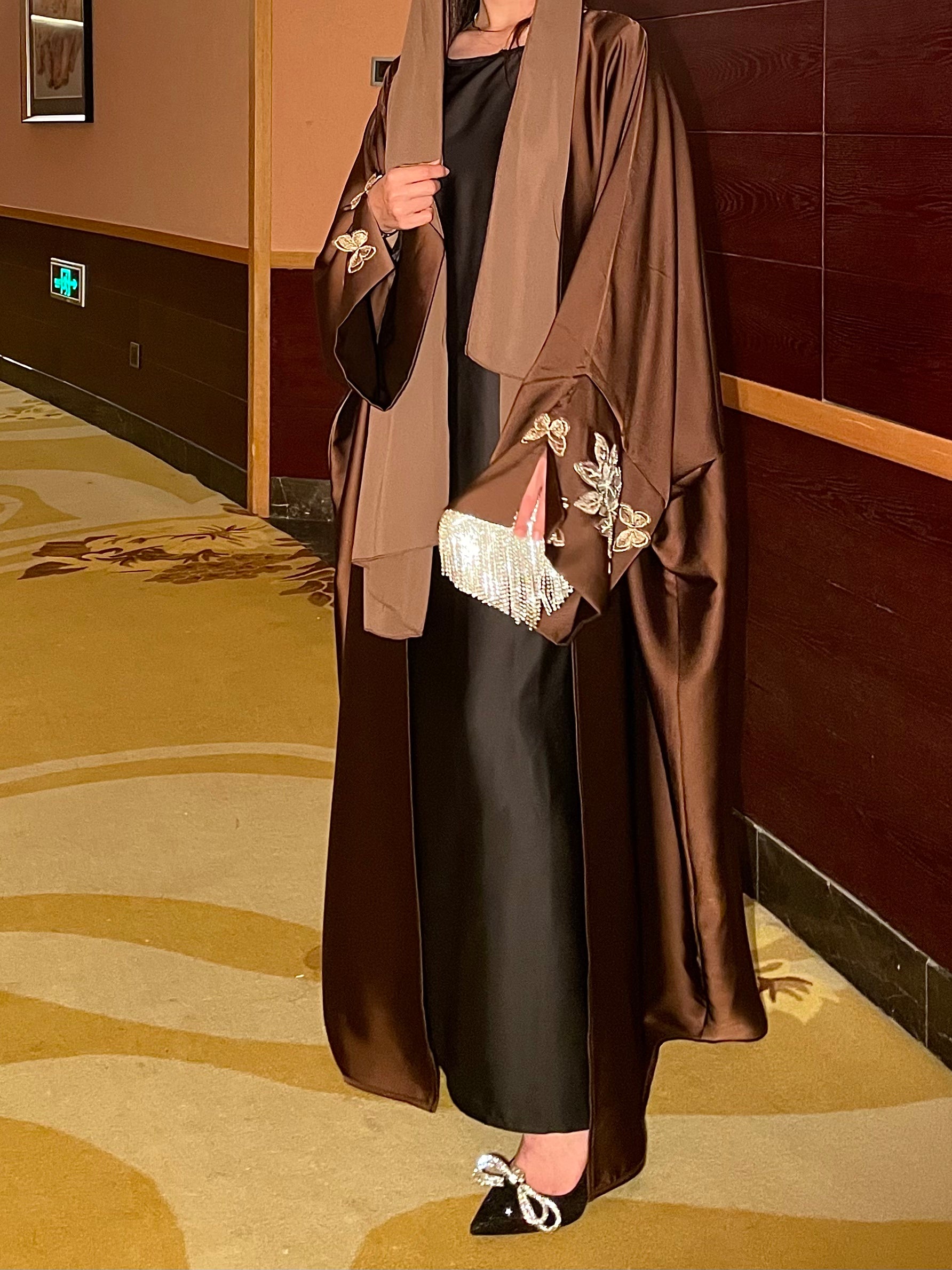 #LY14 2025 Ramadan promotion , women 's islamic clothing, elegant occsion abaya , beads embellish abaya , open abaya with hijab