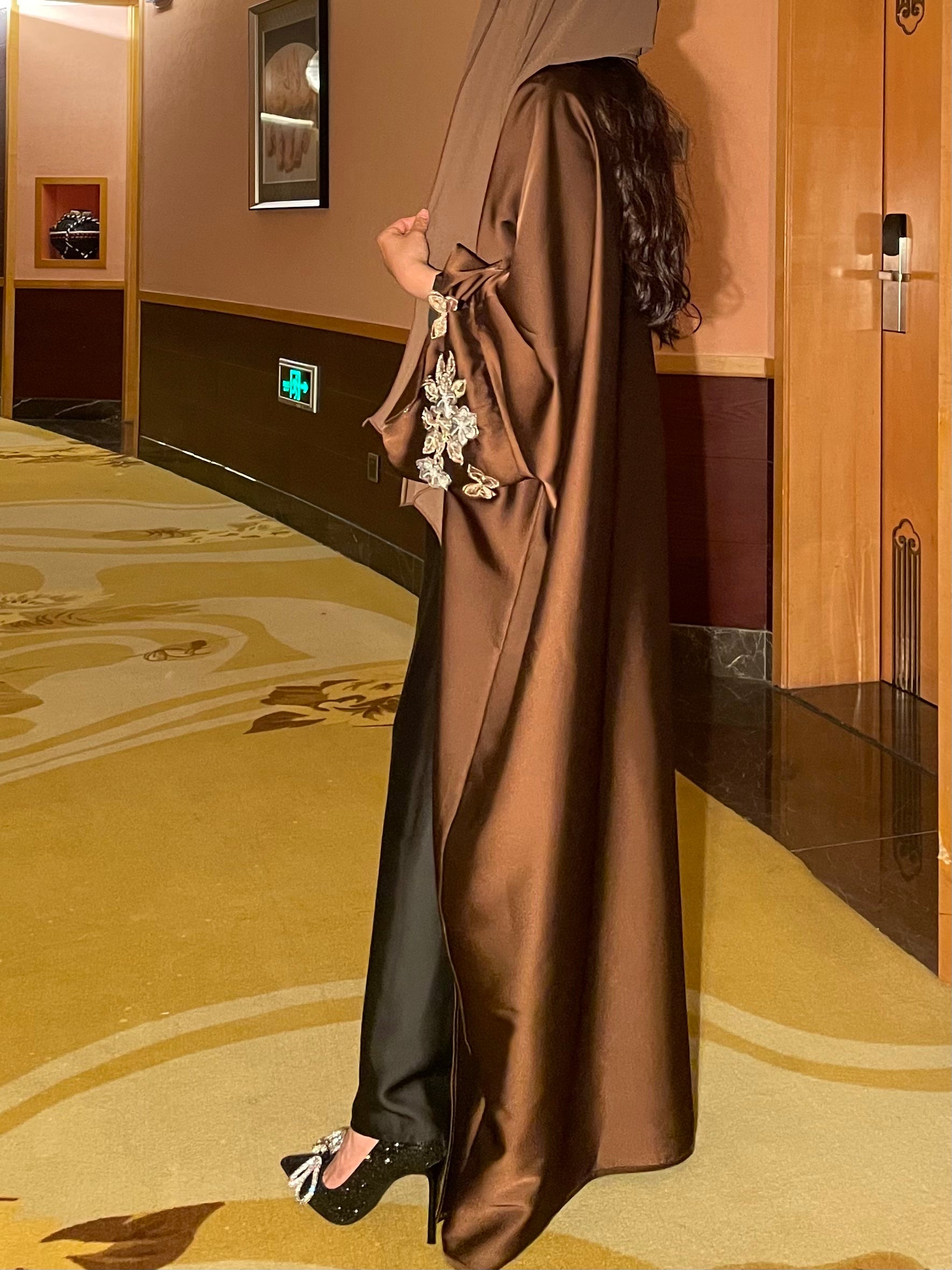 #LY14 2025 Ramadan promotion , women 's islamic clothing, elegant occsion abaya , beads embellish abaya , open abaya with hijab