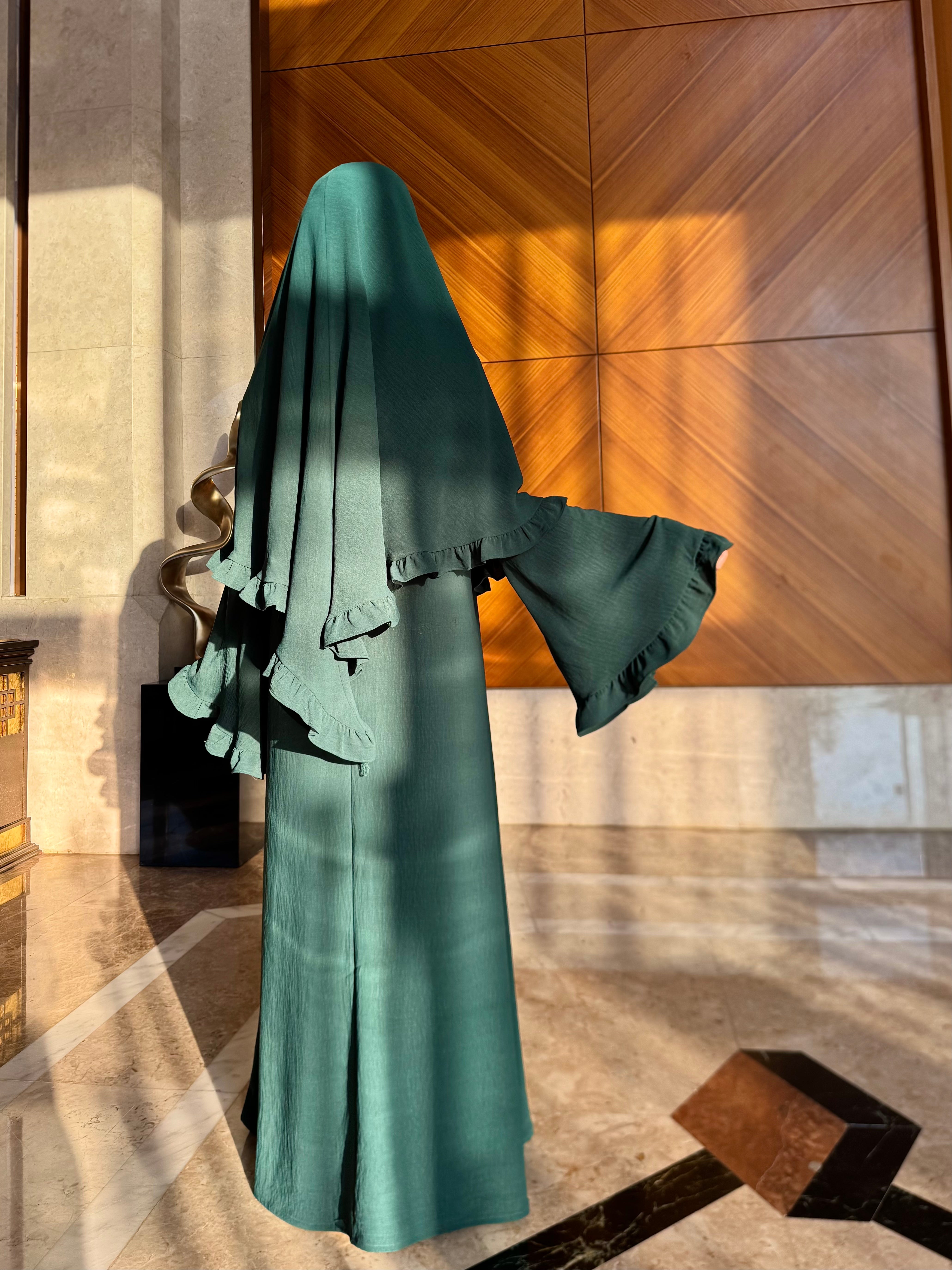 LY23 TWO-PIECE khimar abaya set , crepe abaya and scarf , flare sleeve abaya and hijab ,Long women dress