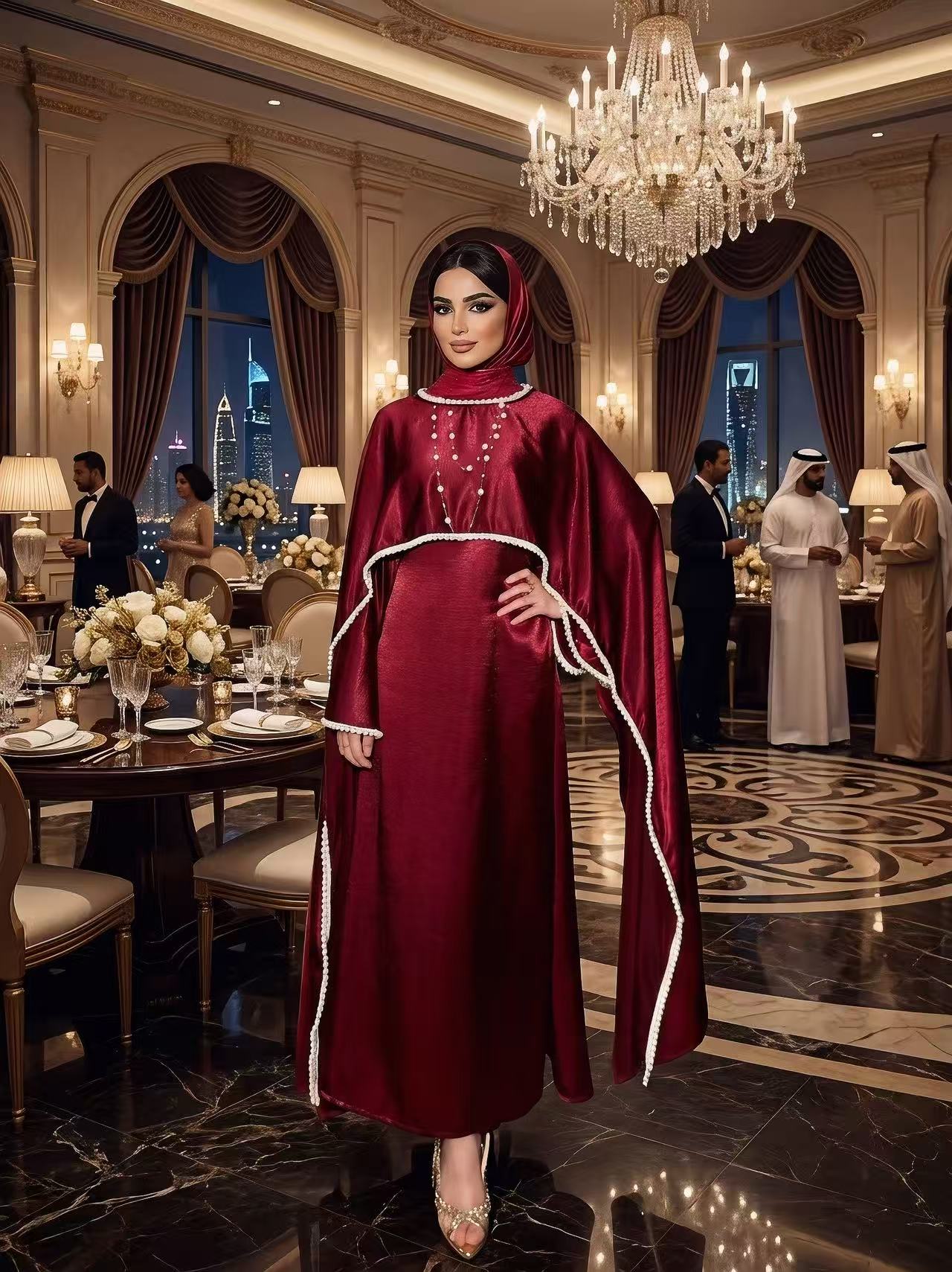 LY28 Two-piece Pearlescent satin Cape dress set , Summer Maxi Womenswear High-end pearl-trimmed long dress