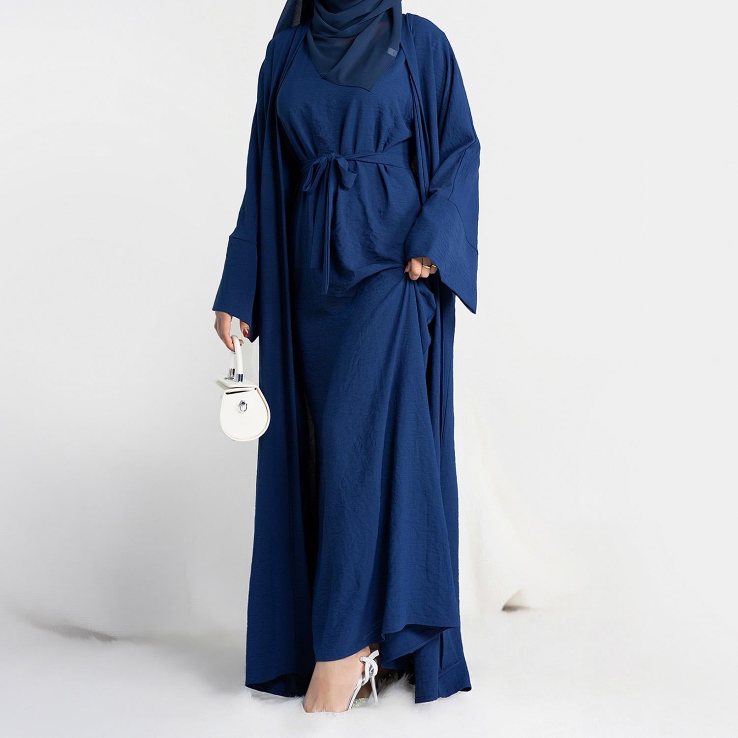 #LY45[Ramadan promotion] Latest model Two pieces crepe abaya come with belt muslim long dress, inner slip and open abaya