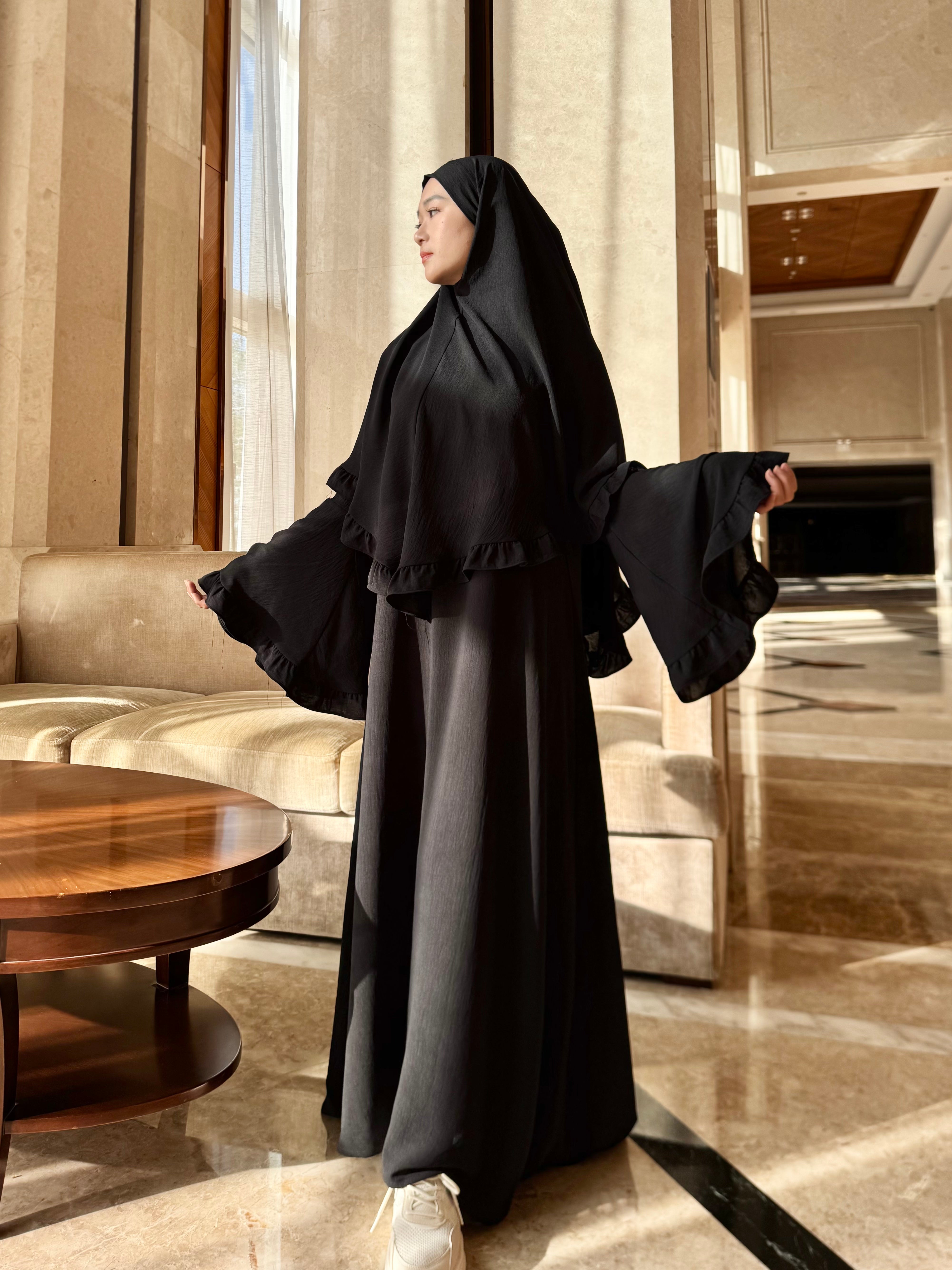 LY23 TWO-PIECE khimar abaya set , crepe abaya and scarf , flare sleeve abaya and hijab ,Long women dress