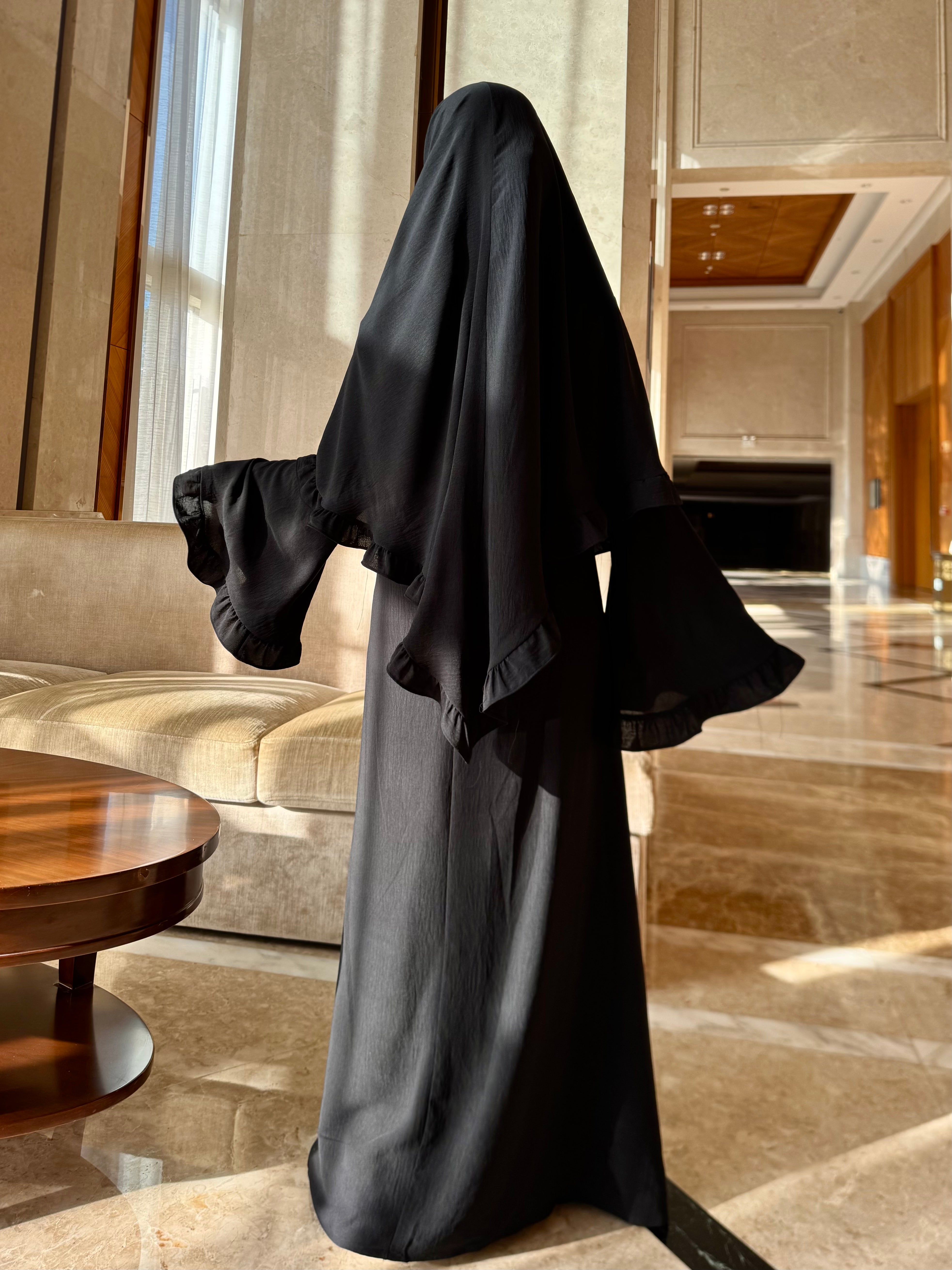 LY23 TWO-PIECE khimar abaya set , crepe abaya and scarf , flare sleeve abaya and hijab ,Long women dress