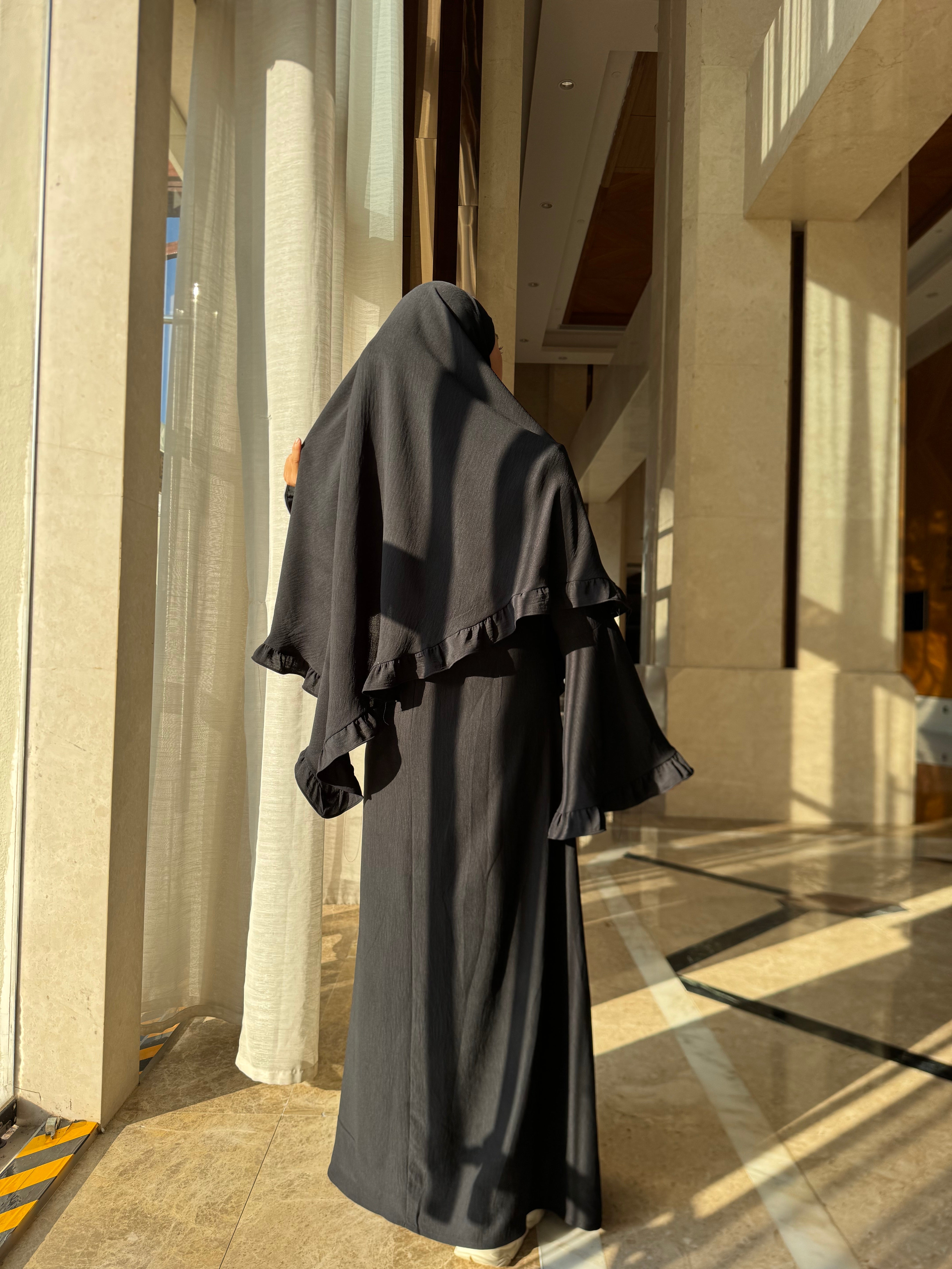 LY23 TWO-PIECE khimar abaya set , crepe abaya and scarf , flare sleeve abaya and hijab ,Long women dress