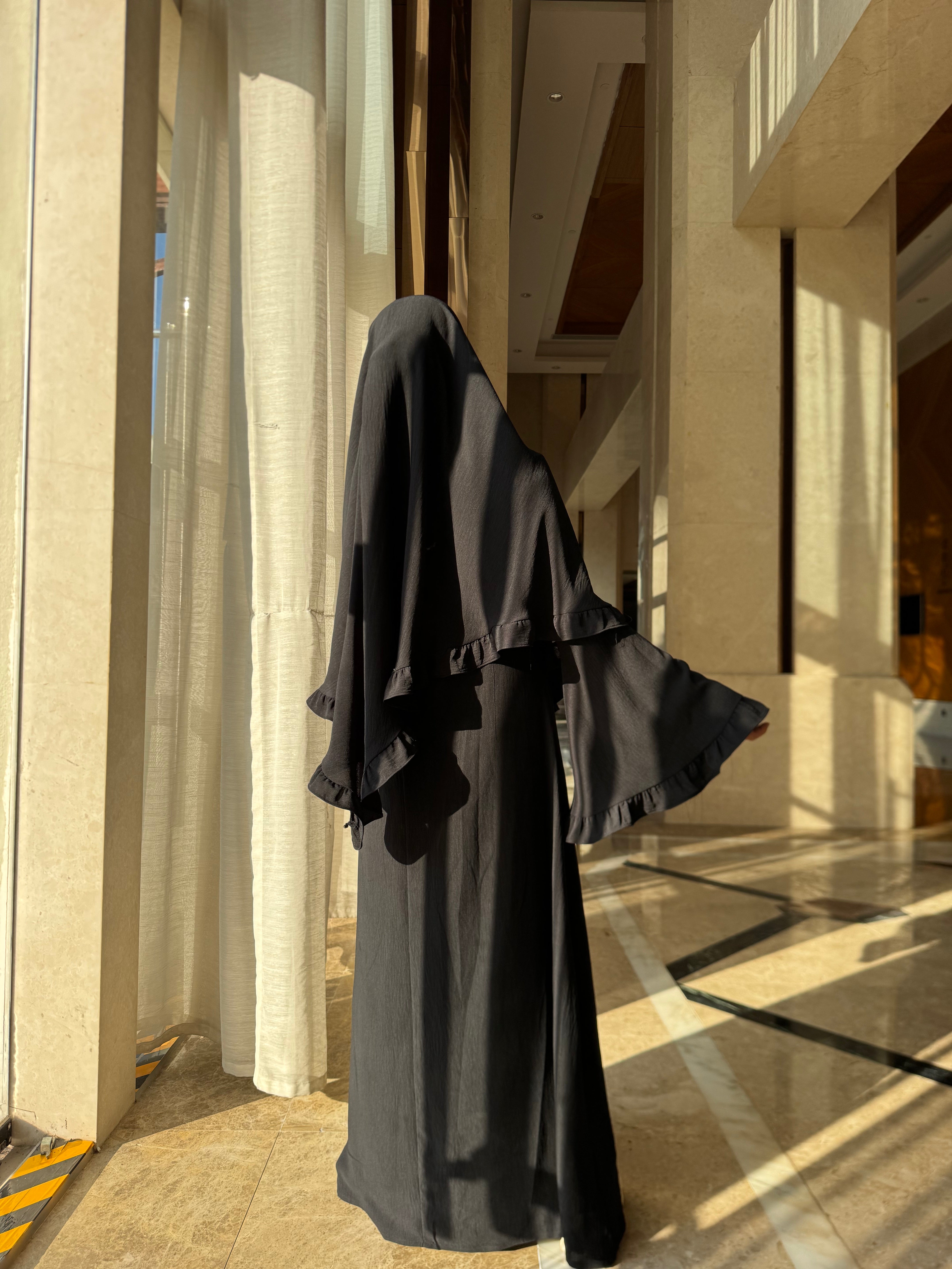 LY23 TWO-PIECE khimar abaya set , crepe abaya and scarf , flare sleeve abaya and hijab ,Long women dress