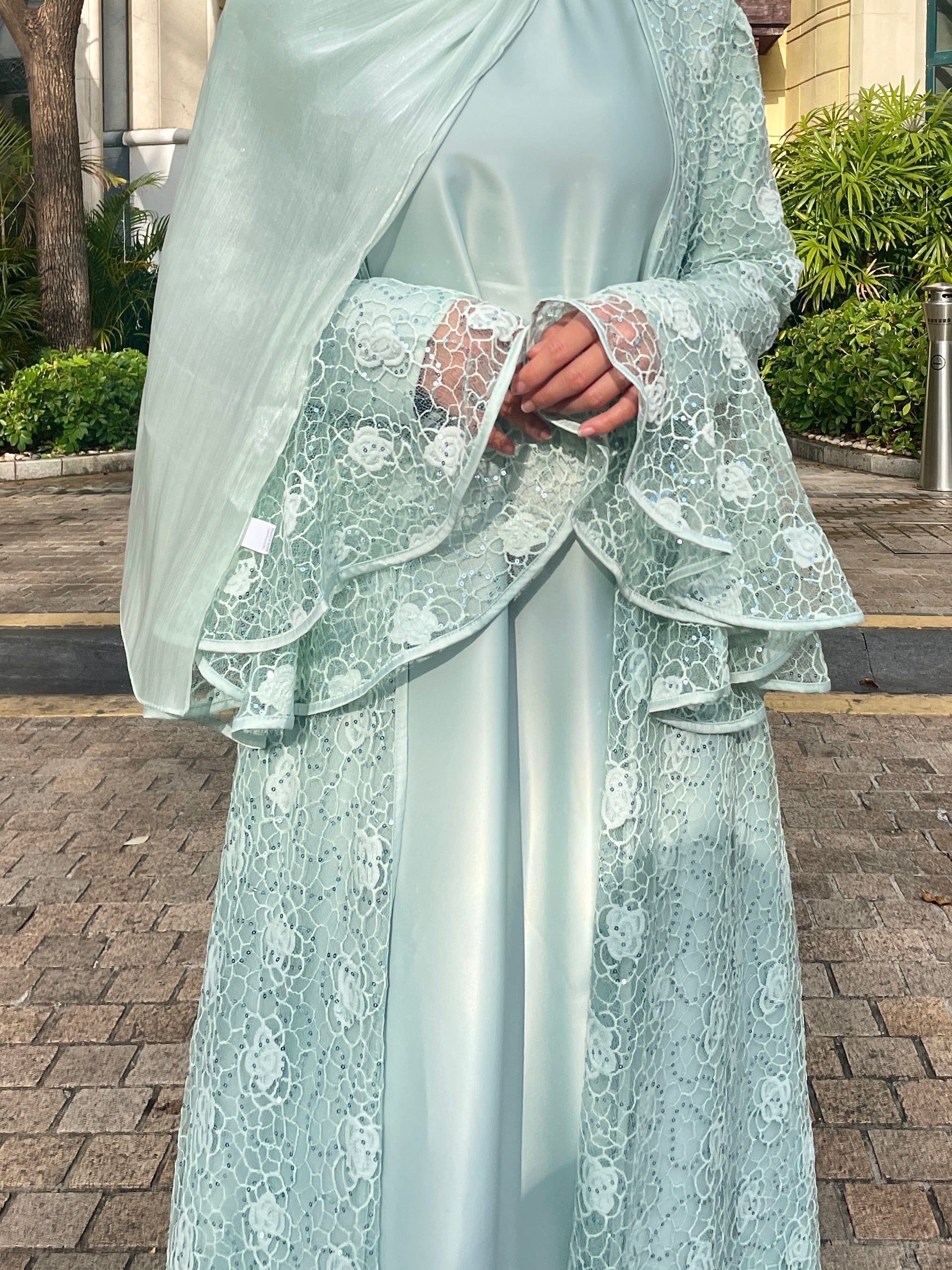 #LY12 Shimmer Lace abaya ,Rose pattern lace net two-piece abaya set women's islamic clothing