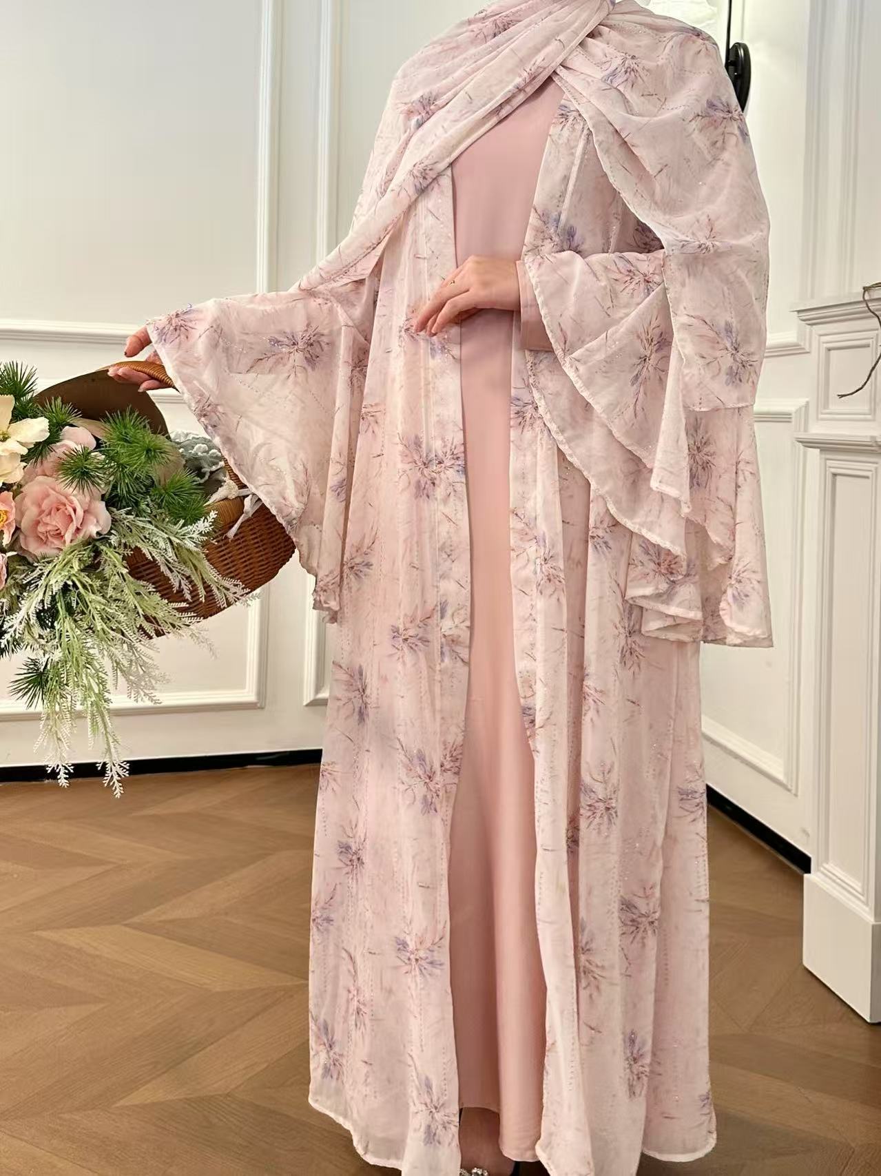 #LY20 Printed Chiffon Abaya Set, 3-Piece Chiffon Abaya with Headscarf, Feminine Flared-Sleeve Abaya Cardigan, Resort & Party Dress Set and Arabian Robe Set