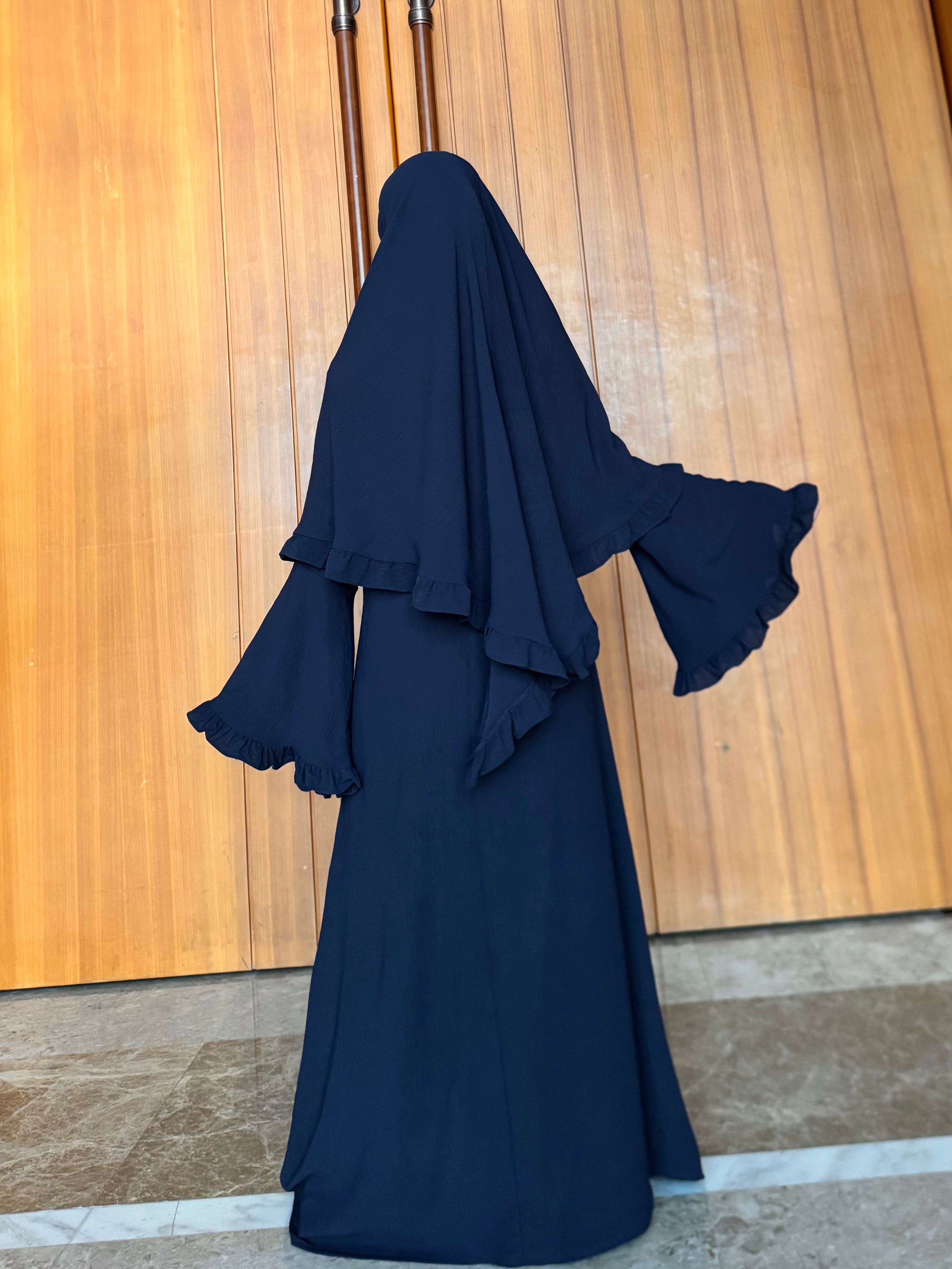 LY23 TWO-PIECE khimar abaya set , crepe abaya and scarf , flare sleeve abaya and hijab ,Long women dress