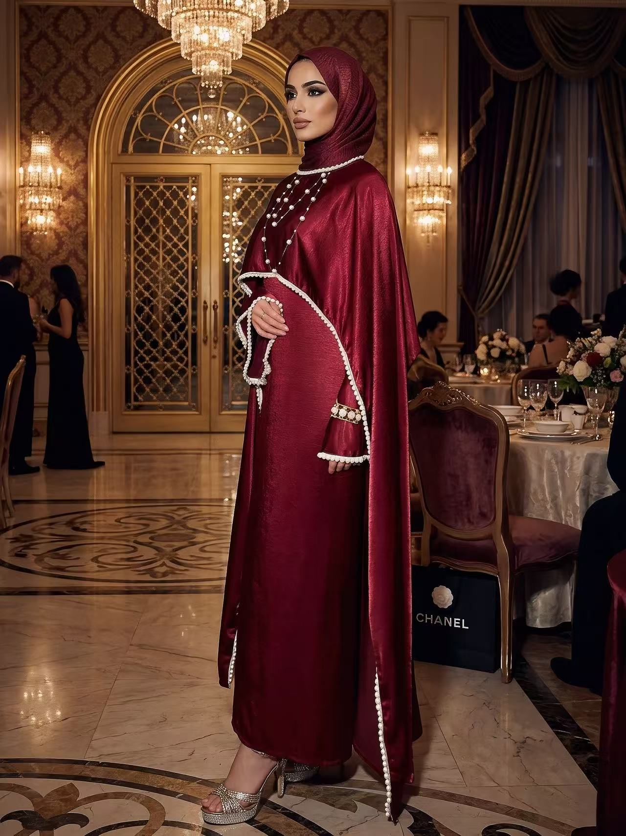 LY28 Two-piece Pearlescent satin Cape dress set , Summer Maxi Womenswear High-end pearl-trimmed long dress
