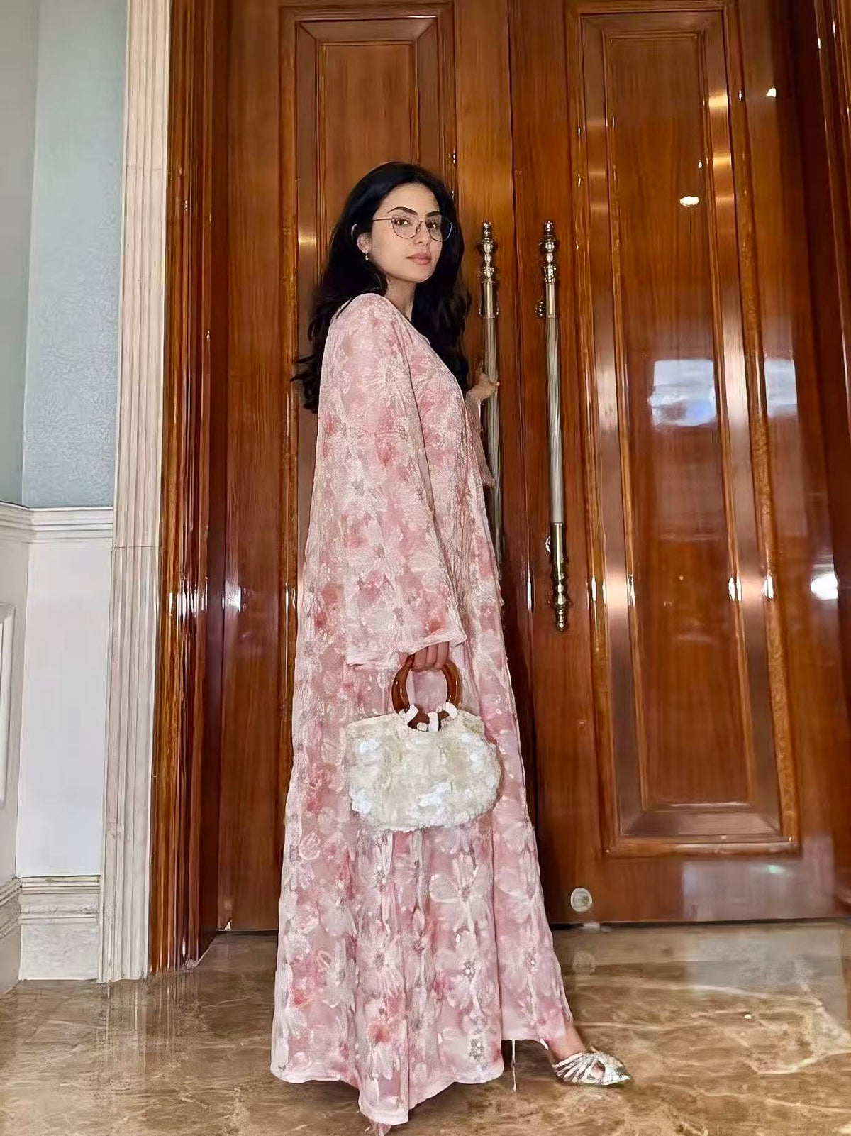 LY26 3D Embroidered Tulle Floral Abaya Set Kimono & Slip Dress Set Premium 3D Floral & Sequin Abaya Two-Piece Set