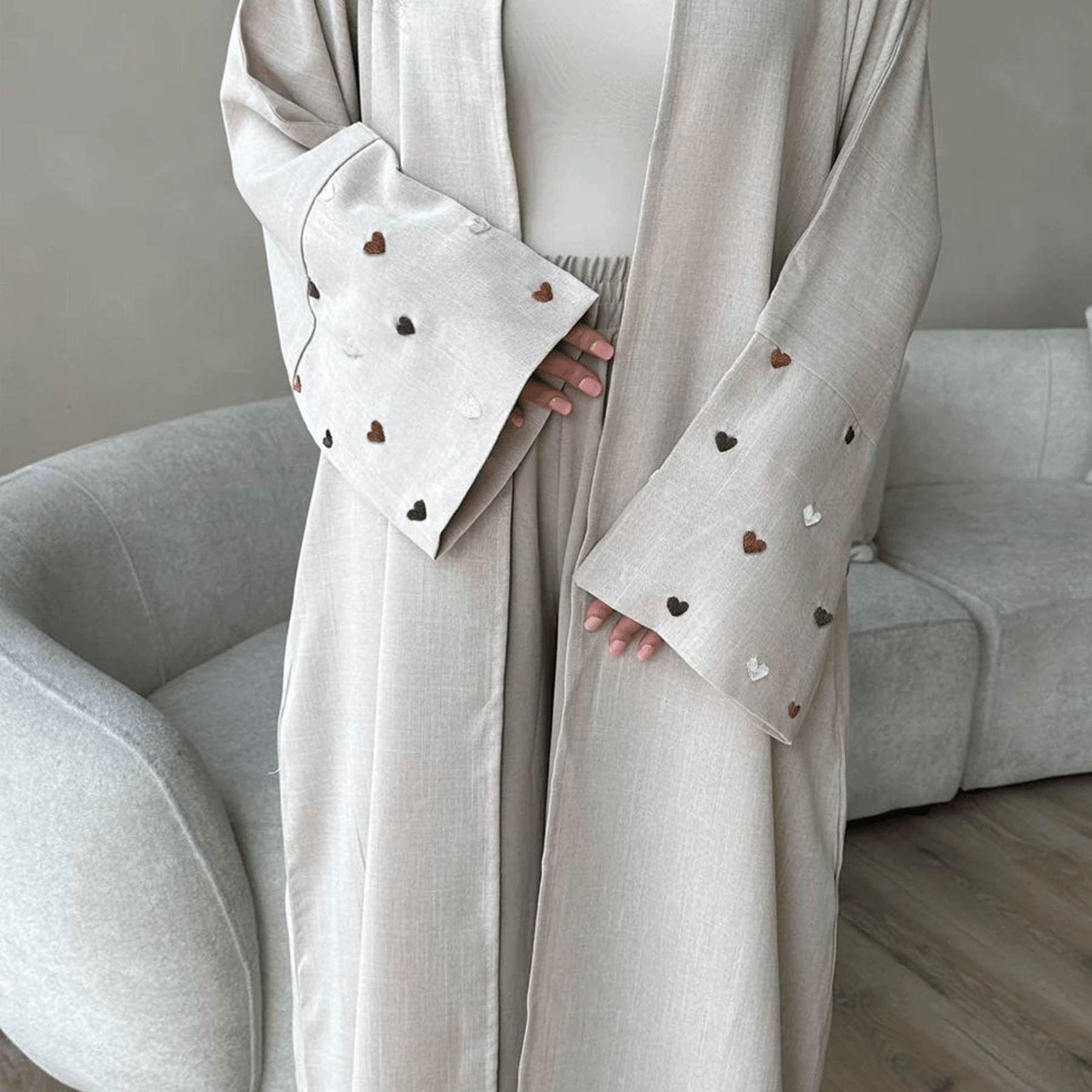 #LY10 Linen embroidery heart open abaya , cardigan maxi dress muslim long women dress