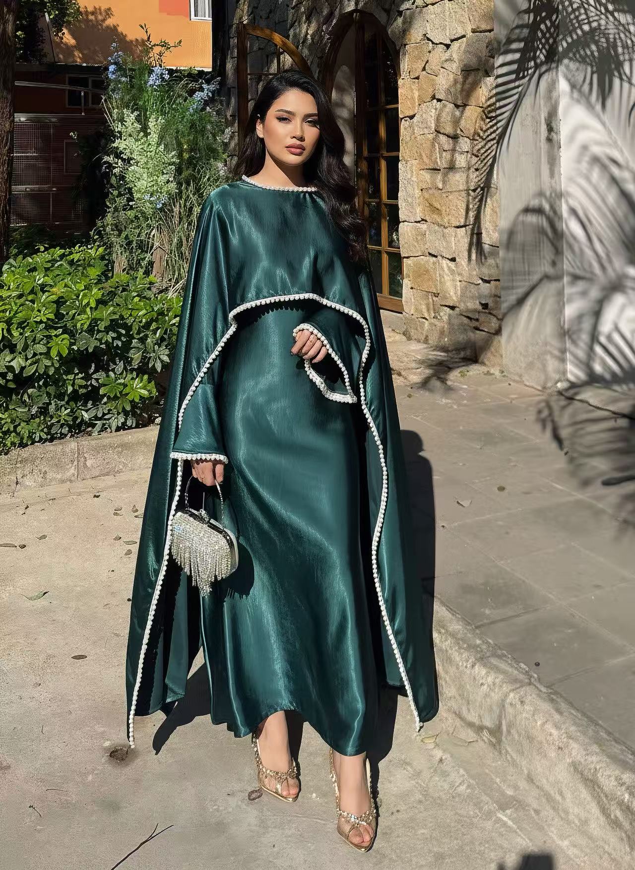 LY28 Two-piece Pearlescent satin Cape dress set , Summer Maxi Womenswear High-end pearl-trimmed long dress