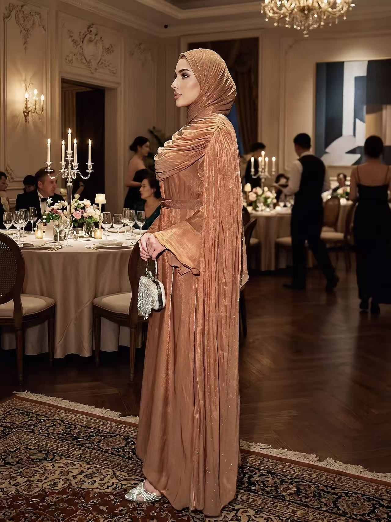 #LY30Elegant Pleated Cape Long Robe, Fashion Reflective Fabric Evening Gown, Suitable for Various Parties and Celebrations, Muslim Women's Dress