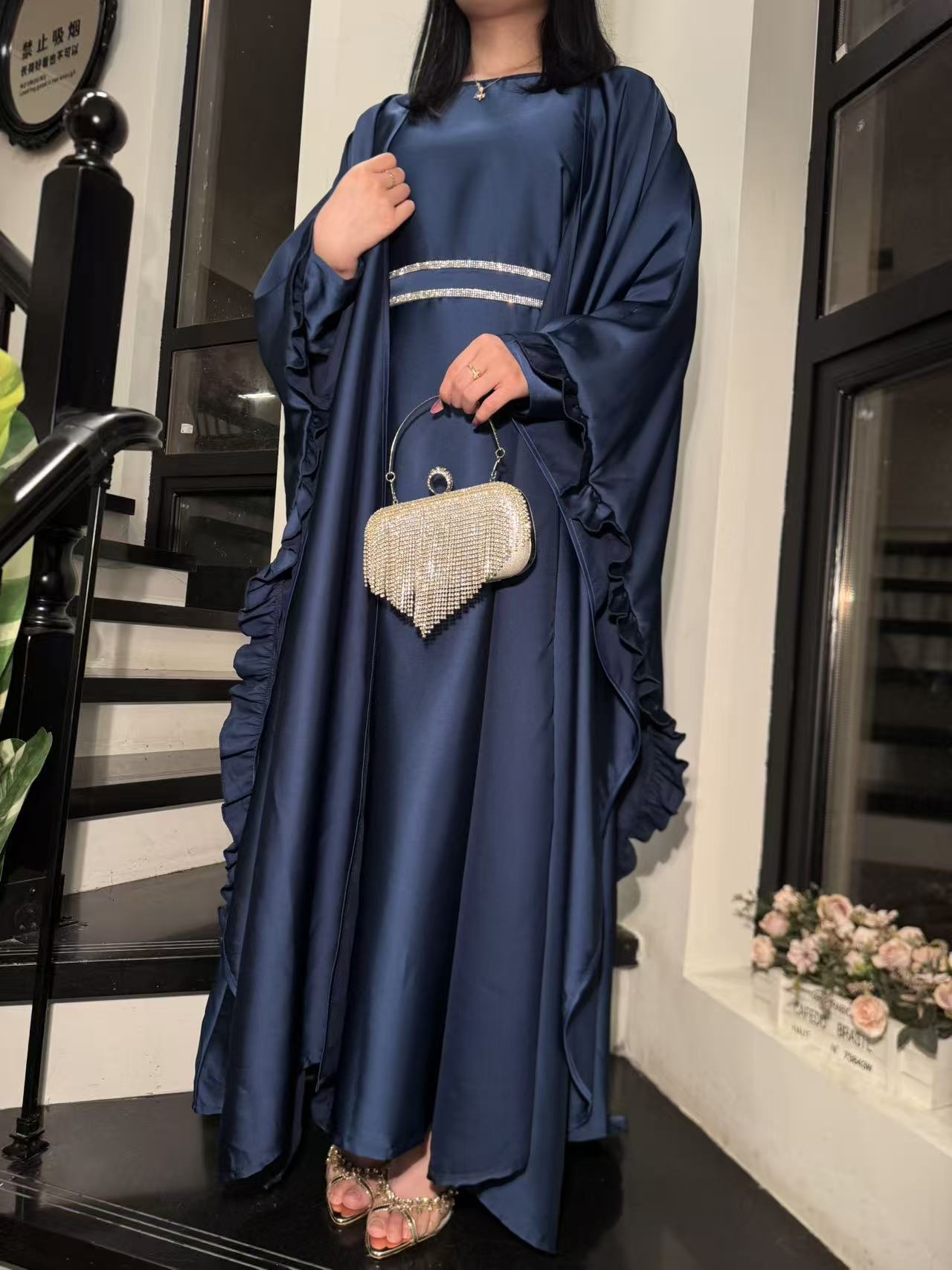 LY16 Two piece butterfly abaya , satin elegant abaya set, Eid abaya ,occasion dress , womwen's islamic long dress