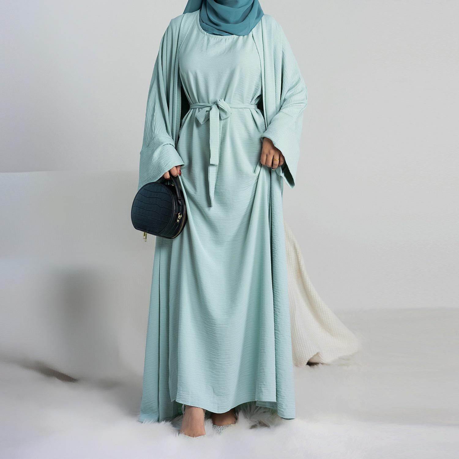 #LY45[Ramadan promotion] Latest model Two pieces crepe abaya come with belt muslim long dress, inner slip and open abaya