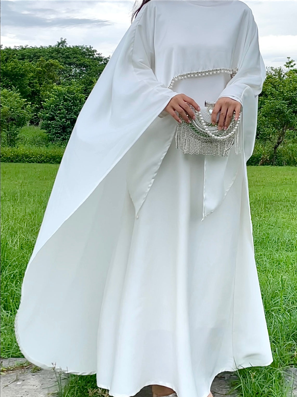 #LY03 Satin cape elegant dress , occasion abaya , Modest dress with pearl and crystal