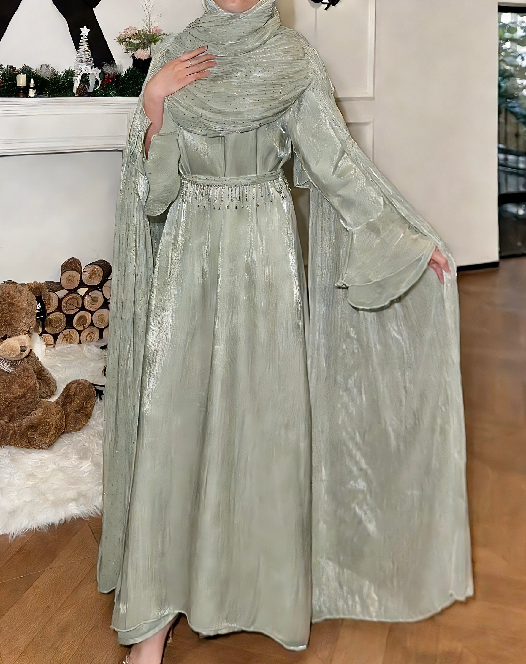 #LY30Elegant Pleated Cape Long Robe, Fashion Reflective Fabric Evening Gown, Suitable for Various Parties and Celebrations, Muslim Women's Dress