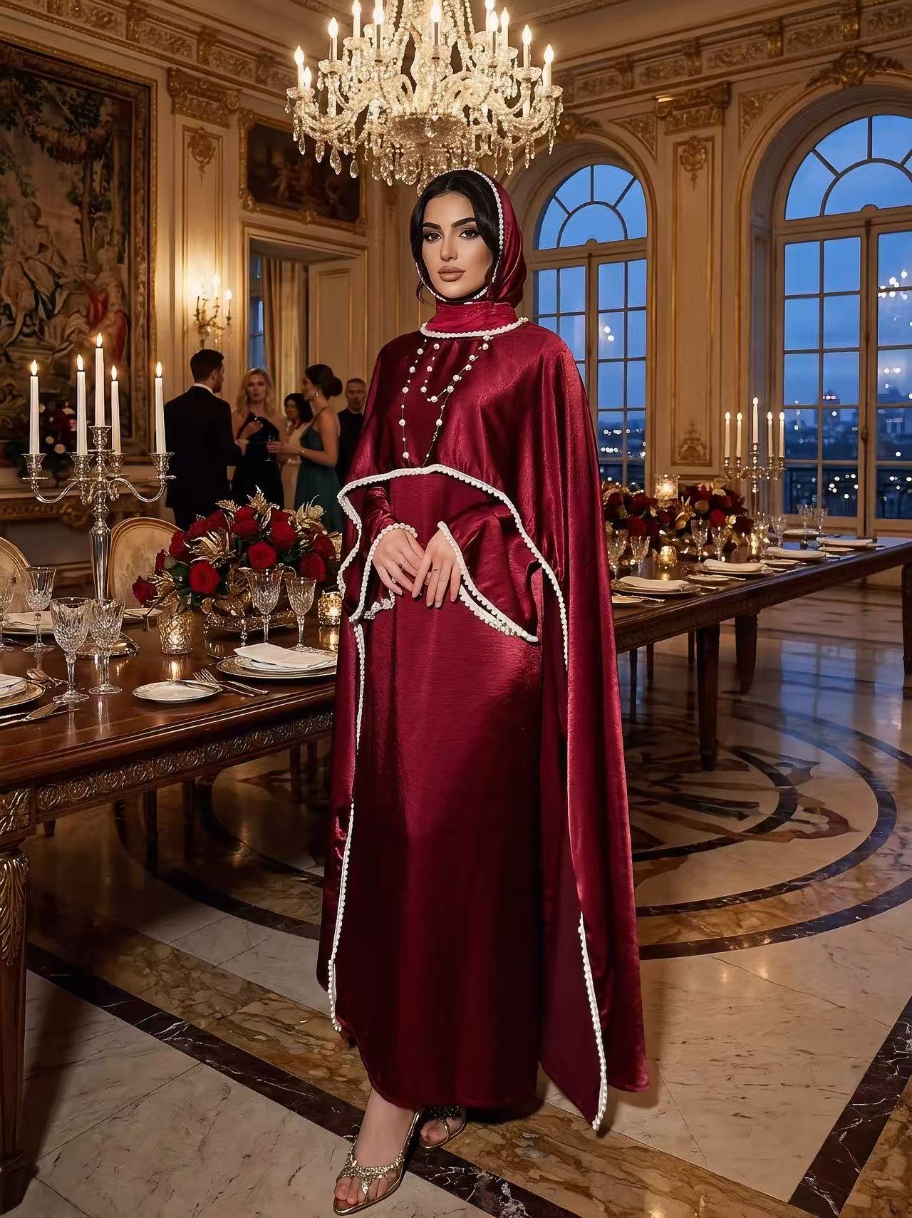 LY28 Two-piece Pearlescent satin Cape dress set , Summer Maxi Womenswear High-end pearl-trimmed long dress