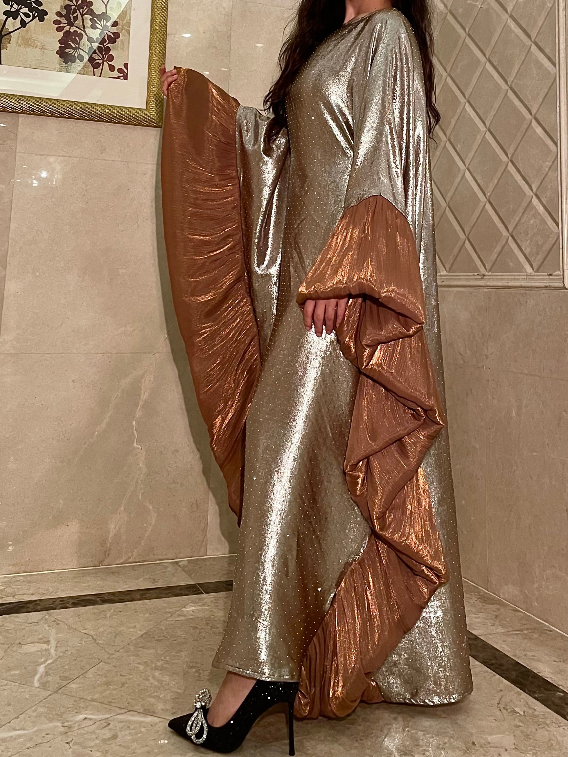 LY19 Two-piece sparkling satin caftan abaya , butterfly glitter abaya with hijab