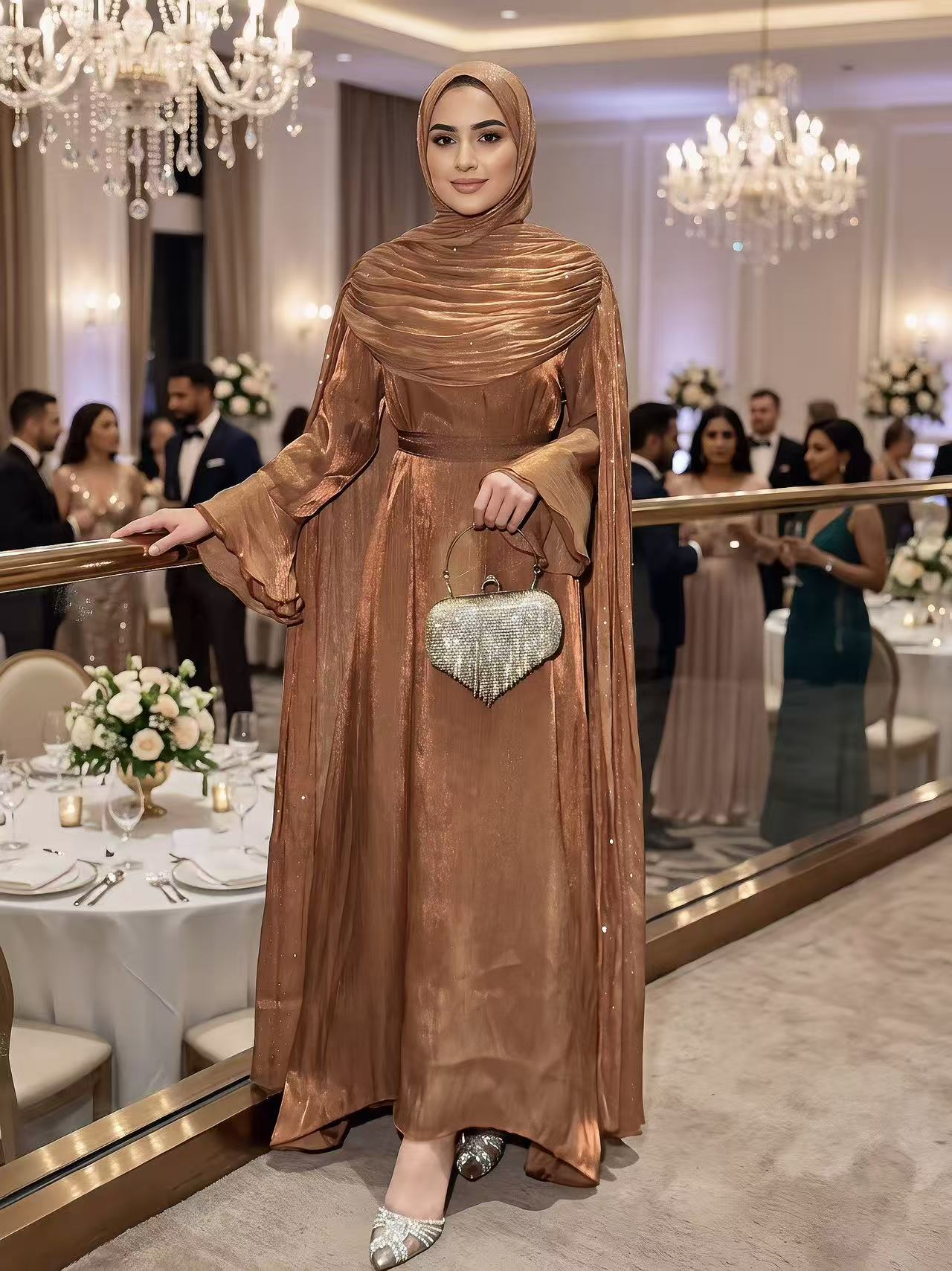 #LY30Elegant Pleated Cape Long Robe, Fashion Reflective Fabric Evening Gown, Suitable for Various Parties and Celebrations, Muslim Women's Dress