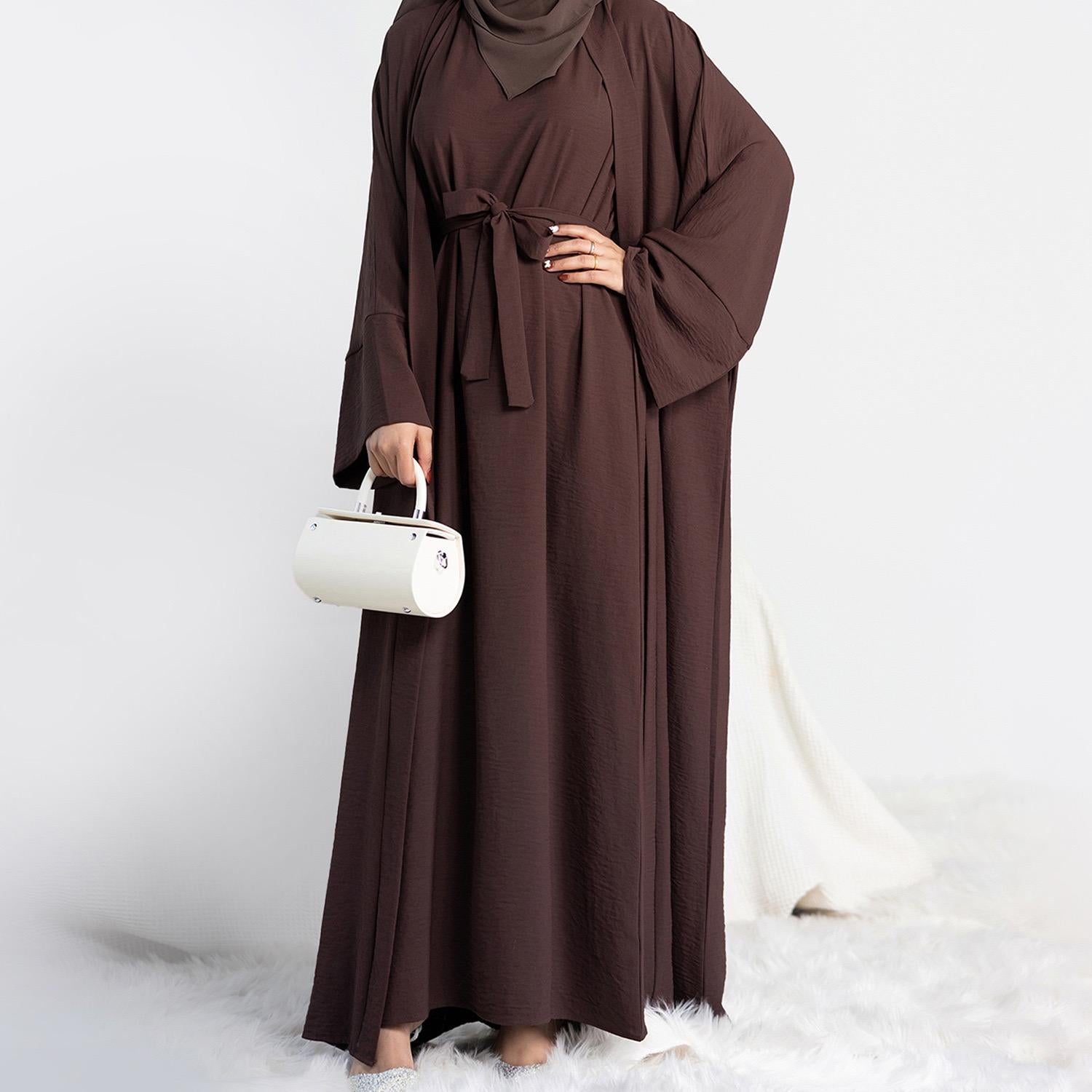 #LY45[Ramadan promotion] Latest model Two pieces crepe abaya come with belt muslim long dress, inner slip and open abaya