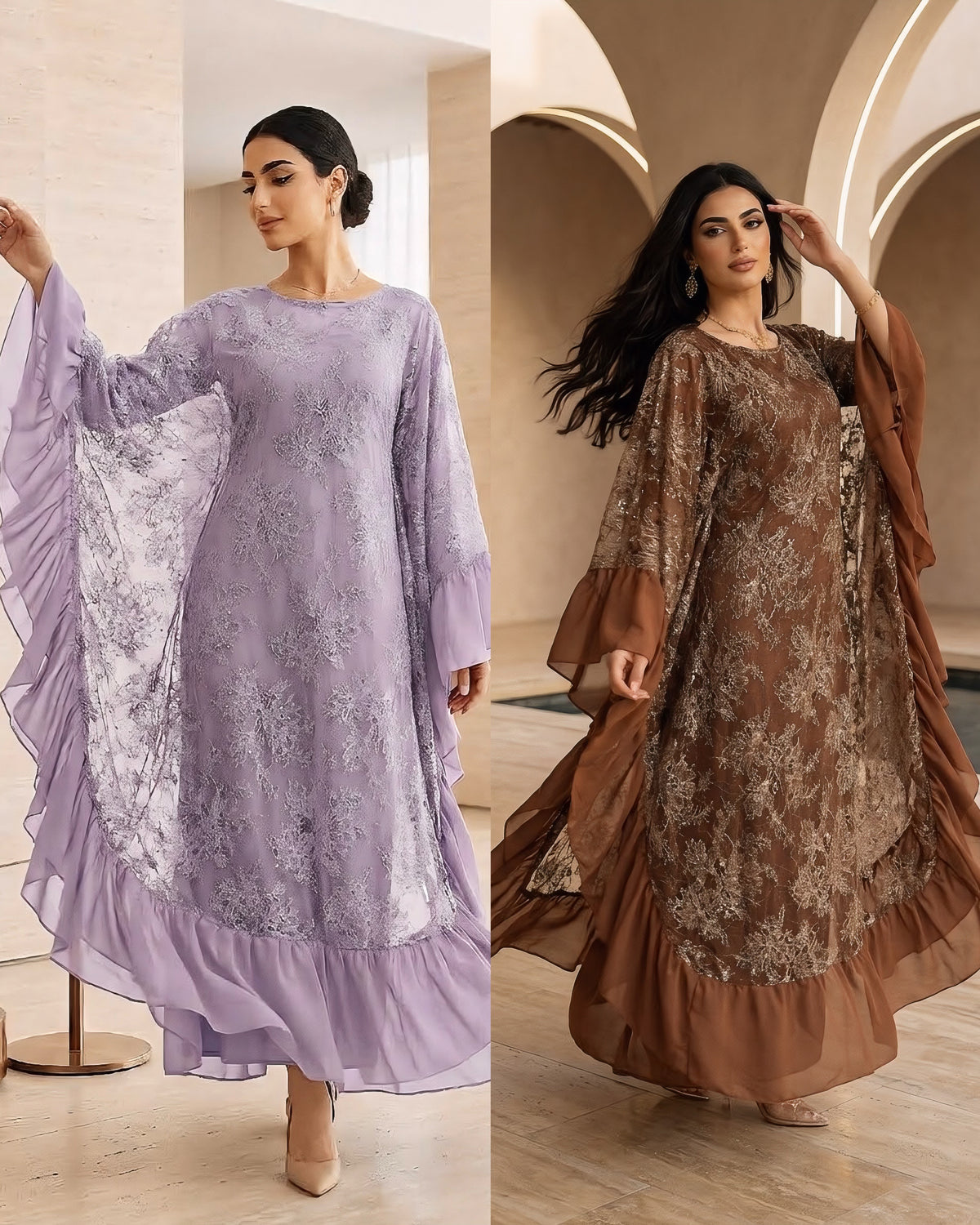 LY38 Two‑Piece Batwing Sleeve Sequin Lace Abaya Dress With Matching Chiffon Hijab, Elegant Modest Maxi Gown For Wedding Party Ramadan