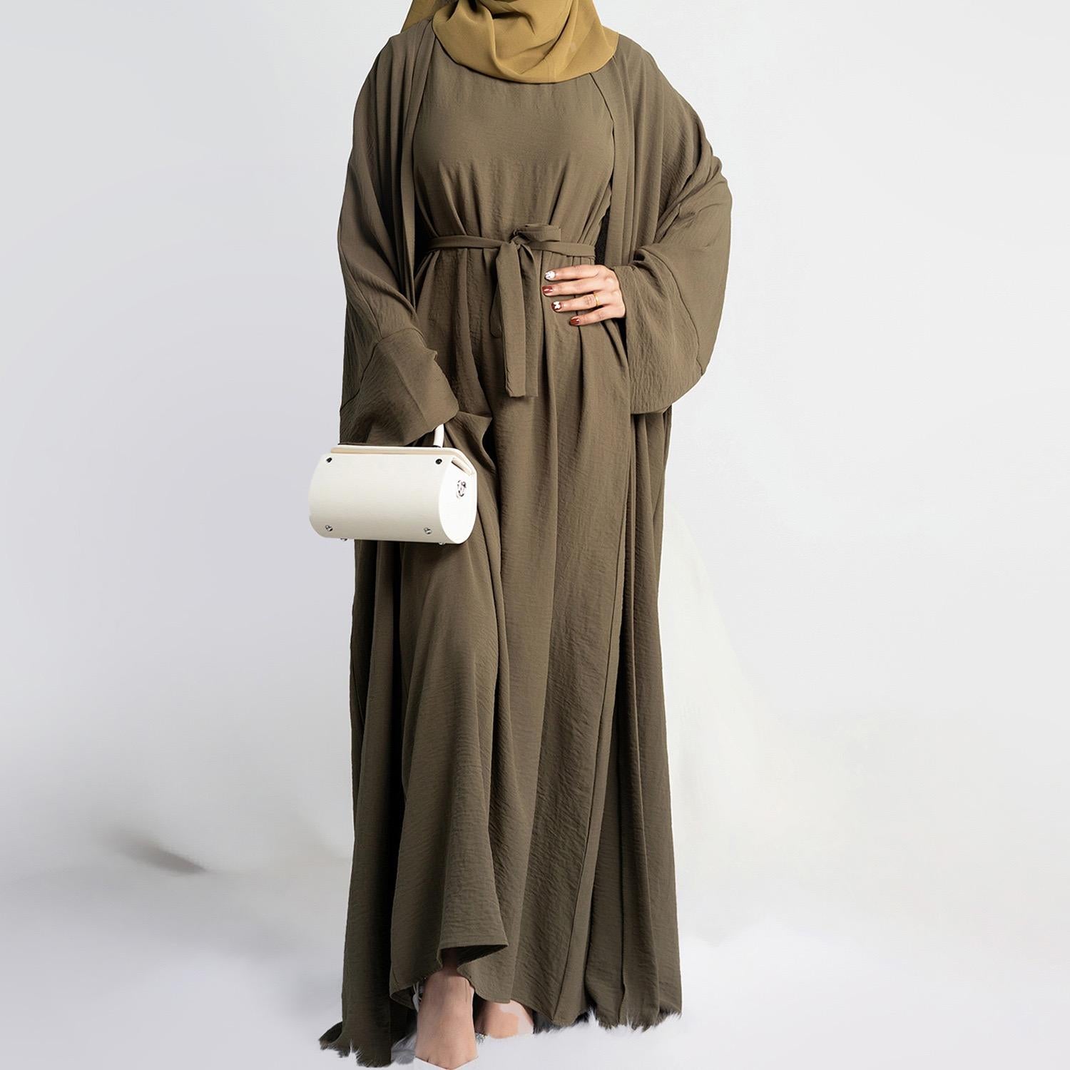 #LY45[Ramadan promotion] Latest model Two pieces crepe abaya come with belt muslim long dress, inner slip and open abaya