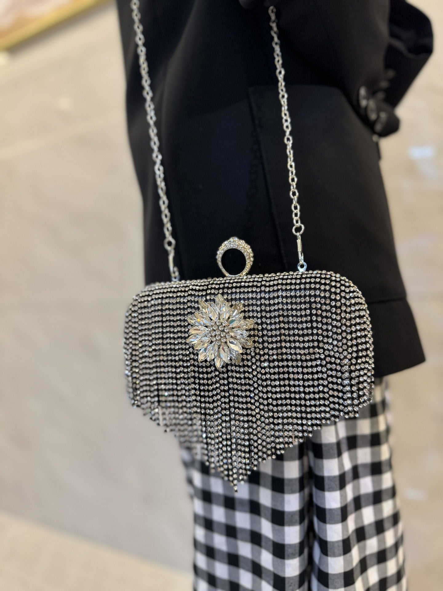 #LY52“Full Rhinestone Clutch Bag, Bar and Party Evening Bag, Chanel Style Tassel Crossbody Evening Bag”