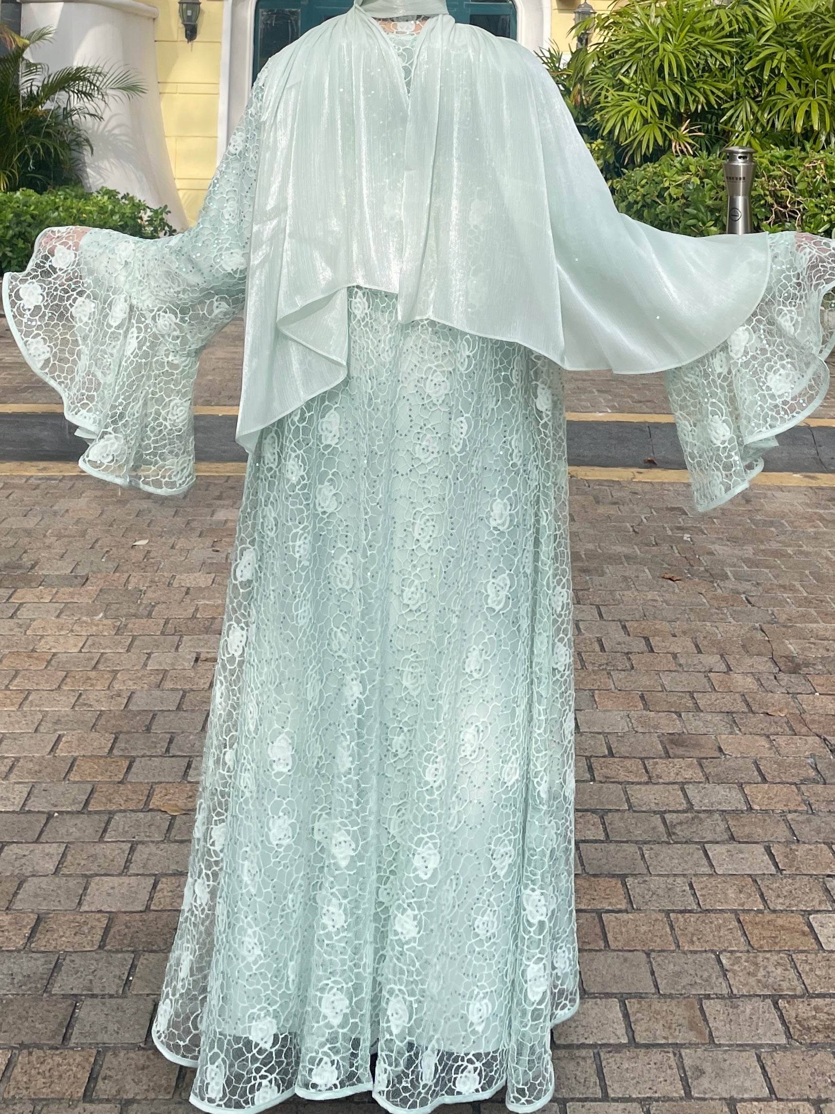 #LY12 Shimmer Lace abaya ,Rose pattern lace net two-piece abaya set women's islamic clothing