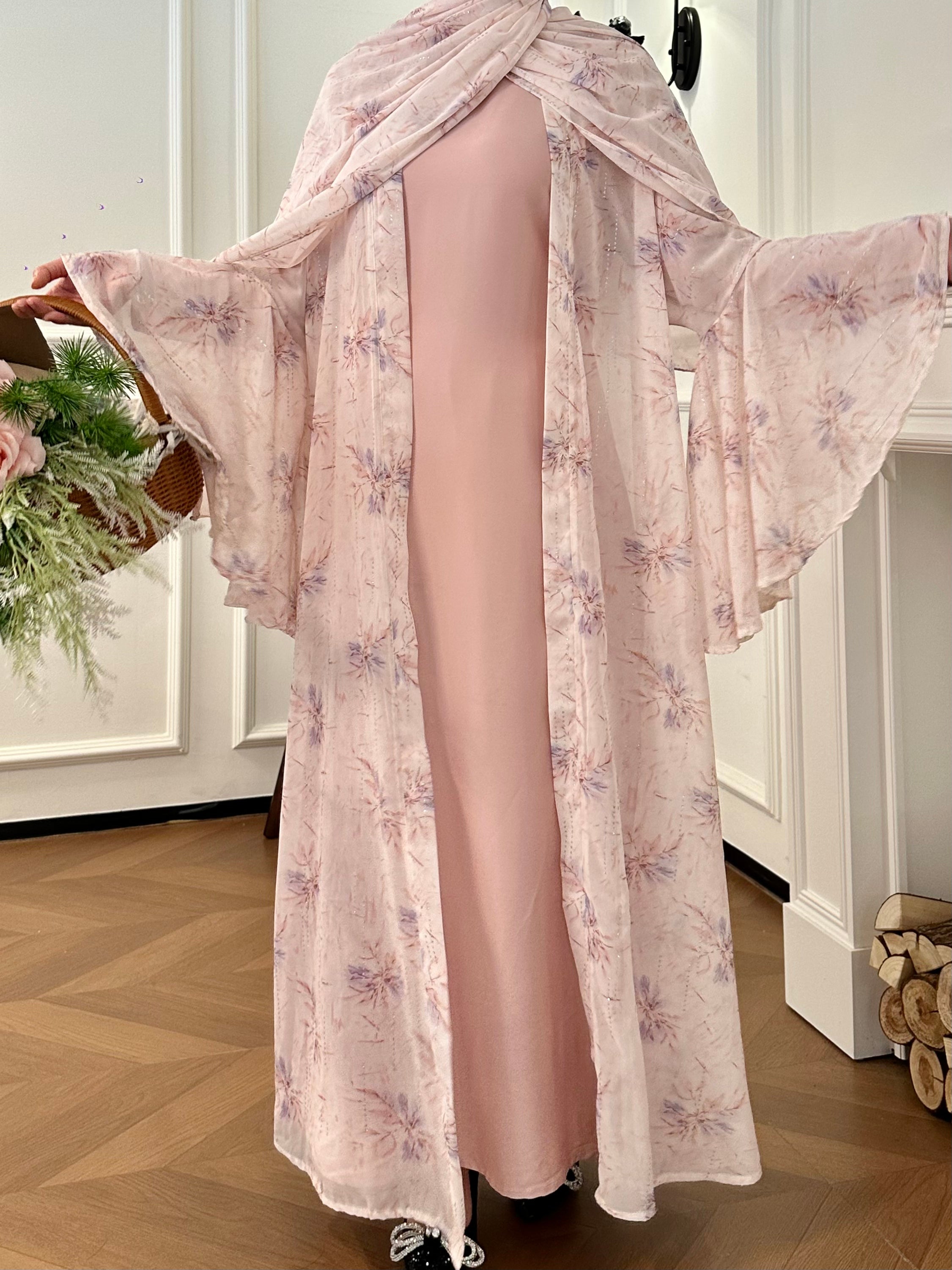 #LY20 Printed Chiffon Abaya Set, 3-Piece Chiffon Abaya with Headscarf, Feminine Flared-Sleeve Abaya Cardigan, Resort & Party Dress Set and Arabian Robe Set