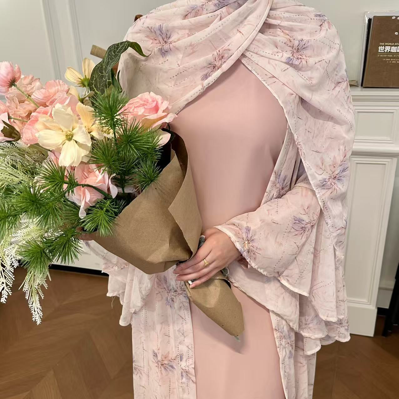#LY20 Printed Chiffon Abaya Set, 3-Piece Chiffon Abaya with Headscarf, Feminine Flared-Sleeve Abaya Cardigan, Resort & Party Dress Set and Arabian Robe Set