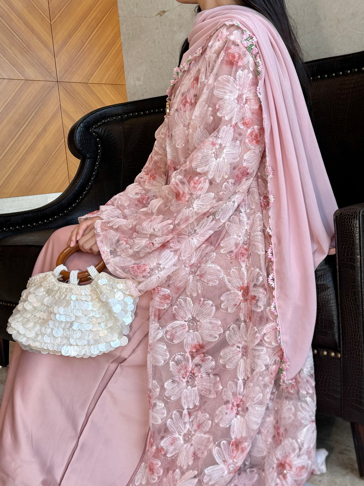 LY26 3D Embroidered Tulle Floral Abaya Set Kimono & Slip Dress Set Premium 3D Floral & Sequin Abaya Two-Piece Set