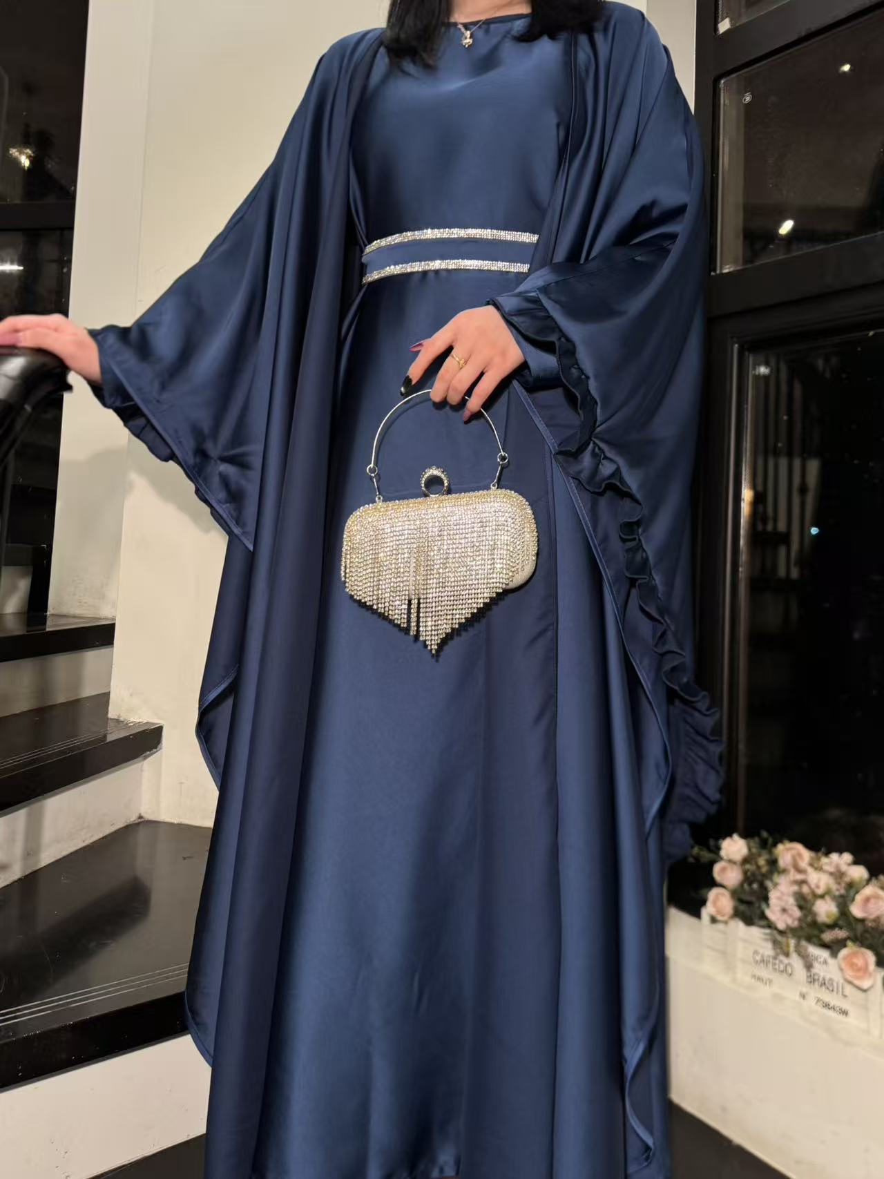 LY16 Two piece butterfly abaya , satin elegant abaya set, Eid abaya ,occasion dress , womwen's islamic long dress