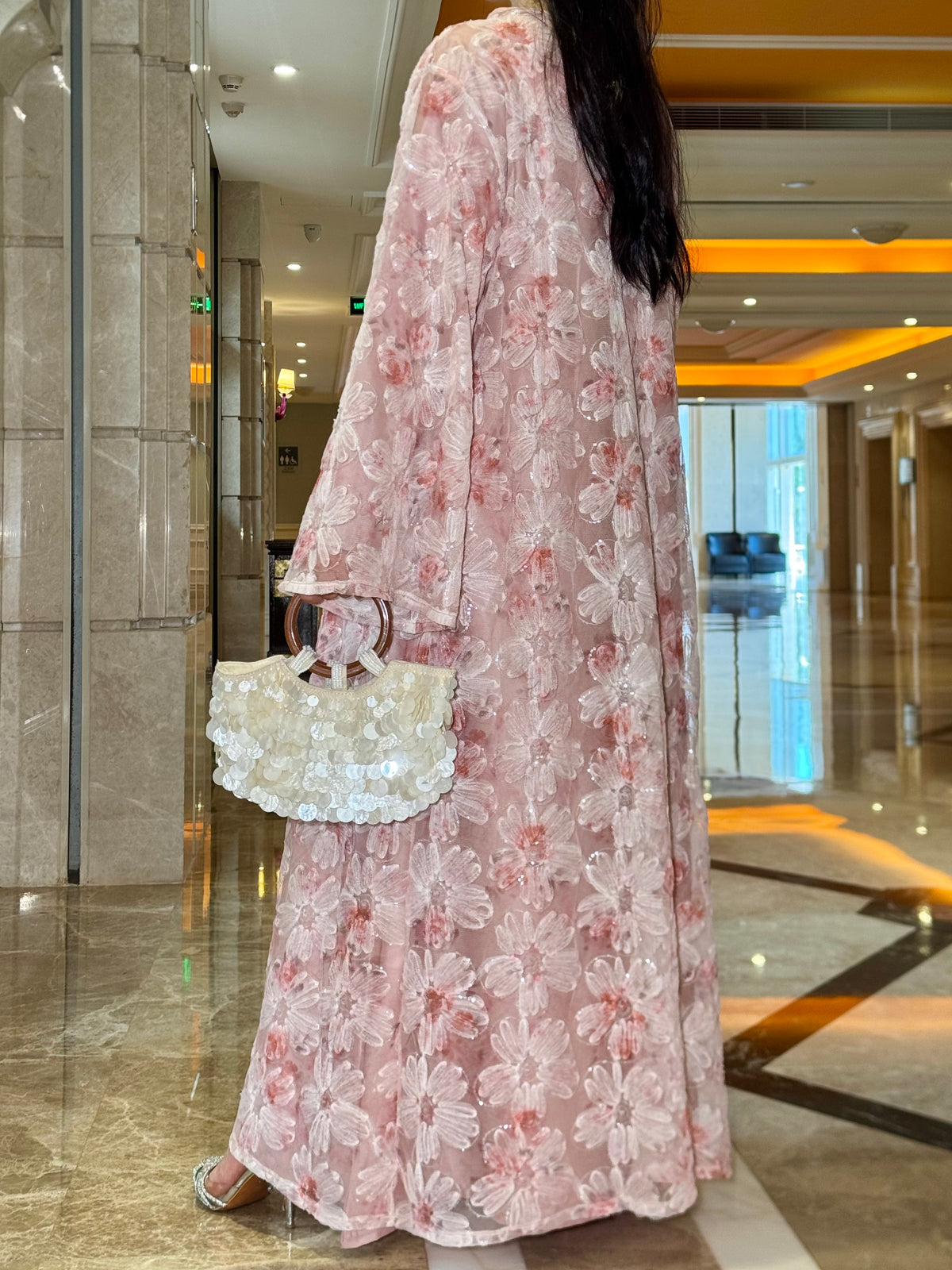 LY26 3D Embroidered Tulle Floral Abaya Set Kimono & Slip Dress Set Premium 3D Floral & Sequin Abaya Two-Piece Set