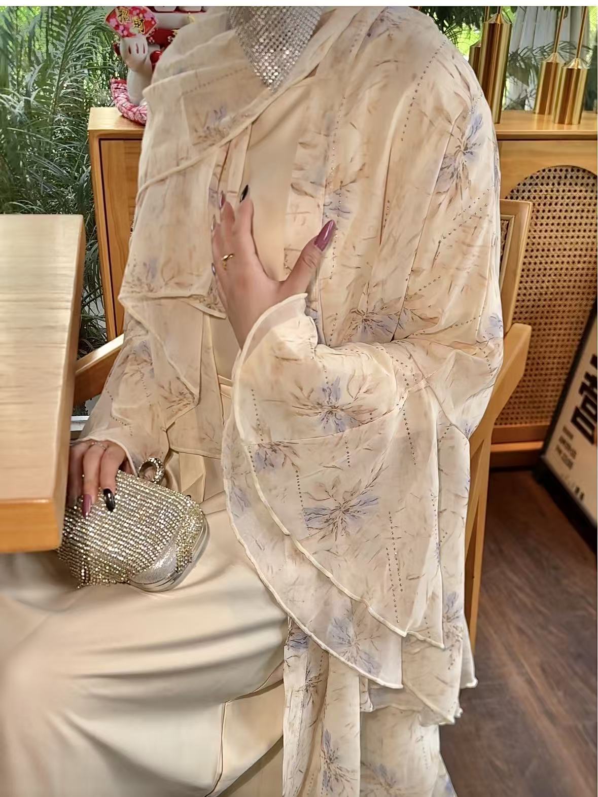 #LY20 Printed Chiffon Abaya Set, 3-Piece Chiffon Abaya with Headscarf, Feminine Flared-Sleeve Abaya Cardigan, Resort & Party Dress Set and Arabian Robe Set