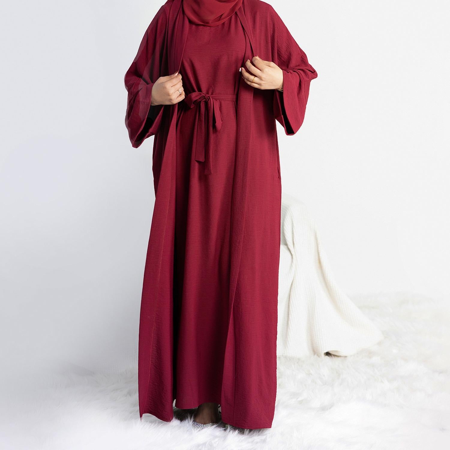 #LY45[Ramadan promotion] Latest model Two pieces crepe abaya come with belt muslim long dress, inner slip and open abaya