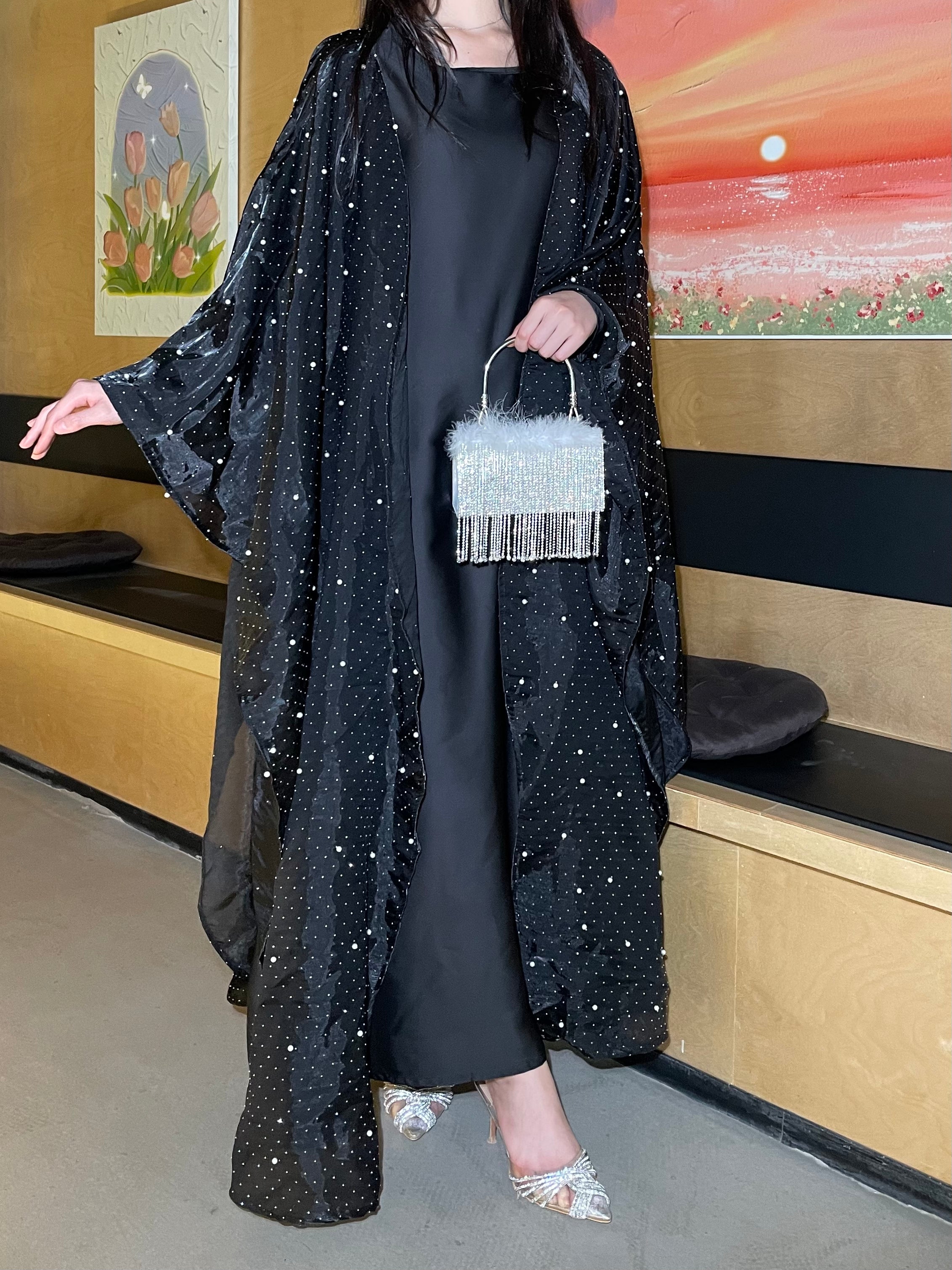 #LY02 Shiny pearl organza abaya, two pieces set with satin inner dress